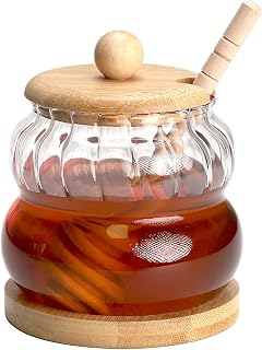 Honey Pot with Dipper and Lid, 11oz Glass Honey Jar with Wooden Base Tray and Wooden Lid, Wide Mouth Honey Containers, Pumpkin Shape, Honey Syrup Dispenser for Home Kitchen, Honeypot for Dinner Table