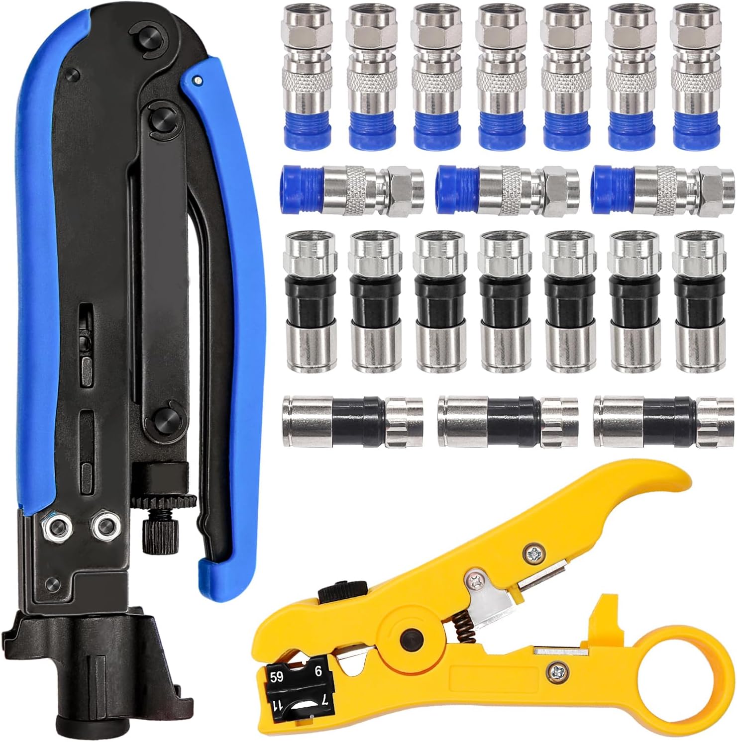 Taiss Coaxial Compression Tool Coax Cable Crimper Kit with 20 PCS F Style RG6 connectors,Adjustable RG6 RG59 RG11 75-5 75-7 Coaxial Cable Stripper,coaxial cable crimper Tool Kit