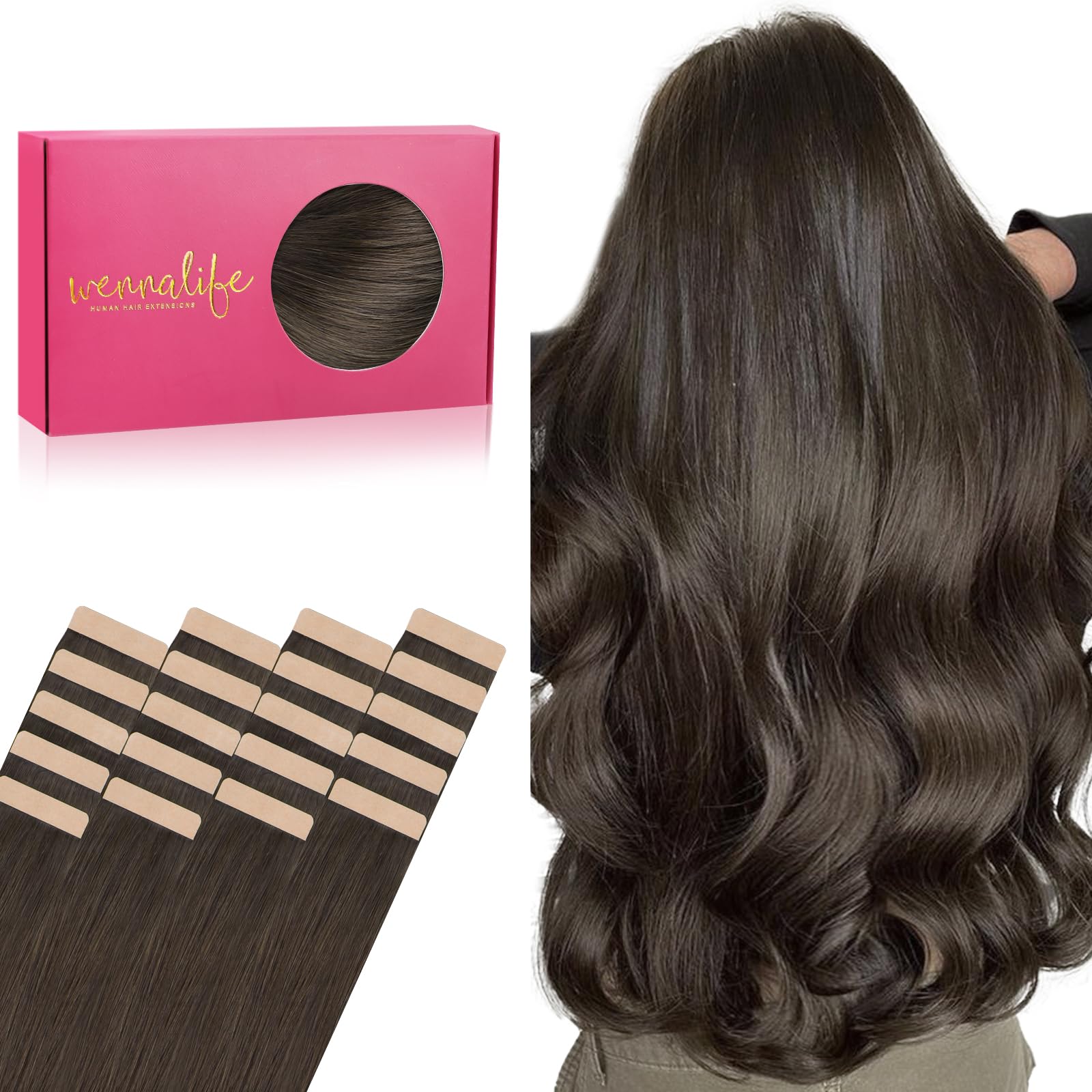 WENNALIFE Tape Extensions Echthaar, 25 to 65cm 10 to 40 Stück Invisible Tape in Extensions Echthaar, Haarverlängerung Echthaar, Remy Gerade Haarextension Echthaar