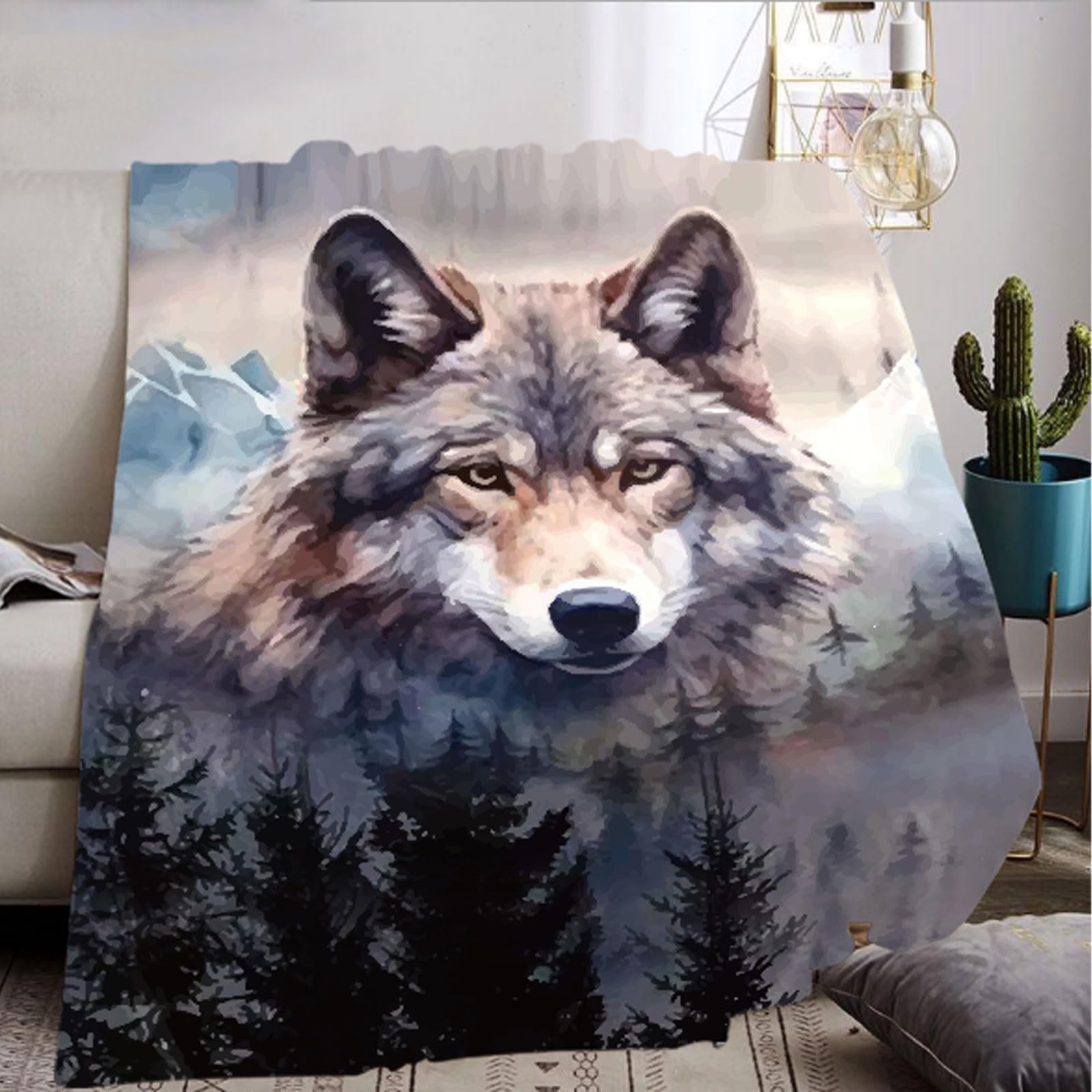 Couverture loup 130x150 en flanelle 3D douce pour canapé et lit d'enfant