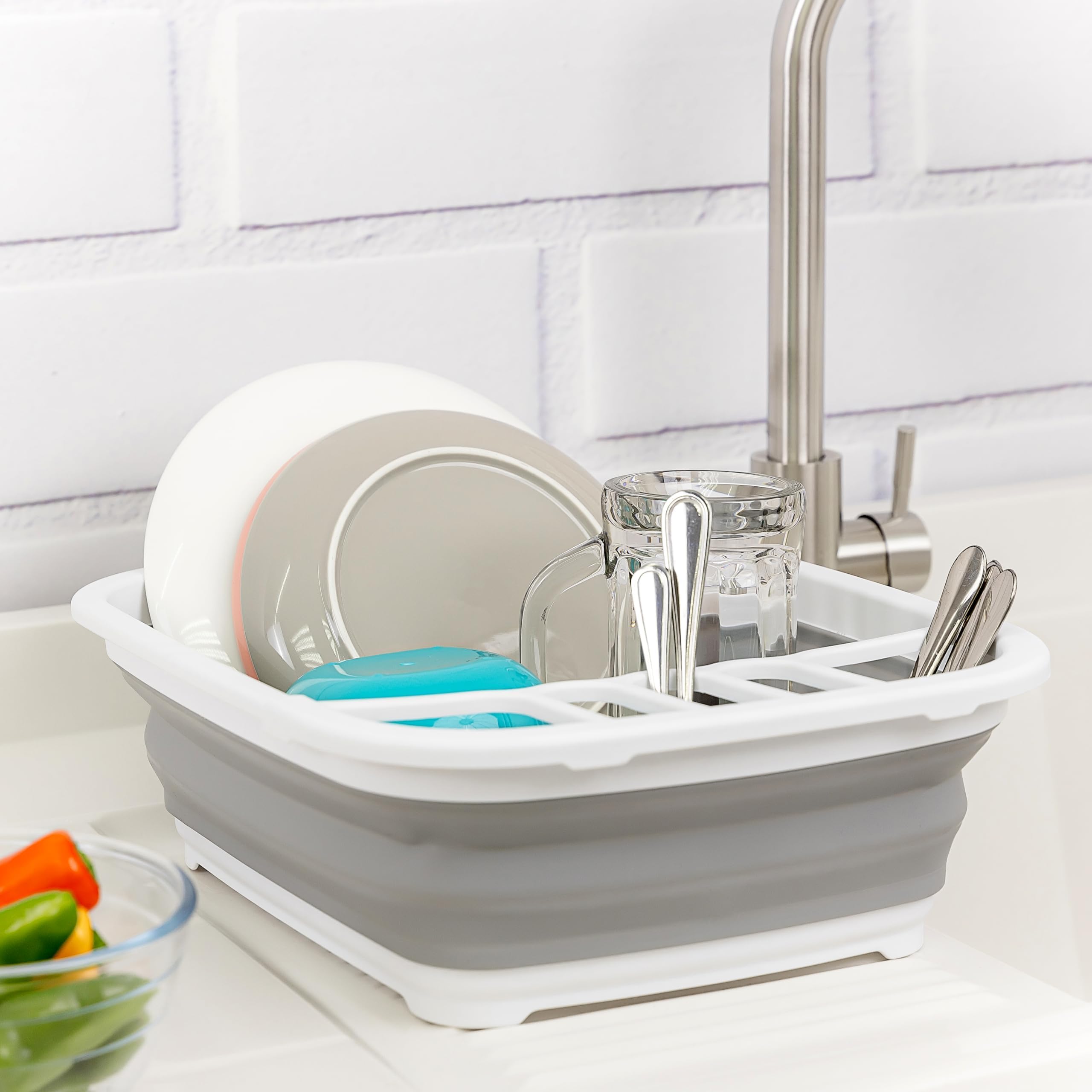 SAMMART Égouttoir à vaisselle pliable de 8 L – Égouttoir à vaisselle portable – Économie d'espace (blanc/gris, 1)