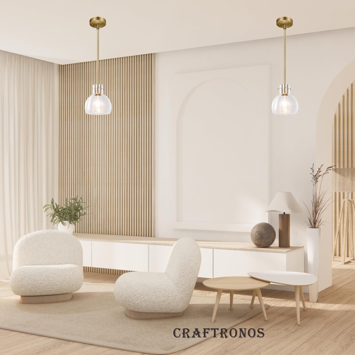 2 Pack 1L Brass Pendant Light Kitchen Island,Gold Modern Chandelier Clear Glass Shade, Adjustable Height Multiple Stems Rods Hanging E26 Farmhouse Sloped Ceiling Light for Dining Room Bar