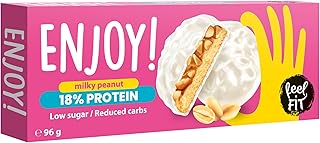 Feel FIT ENJOY! Milky Peanut, Protein Kekse mit Erdnuss Creme und Erdnüssen in Milchüberzug ohne Zuckerzusatz, Low Carb & Keto freundlich Süßigkeiten, Protein Snacks, für Diabetiker geeignet, 96 g