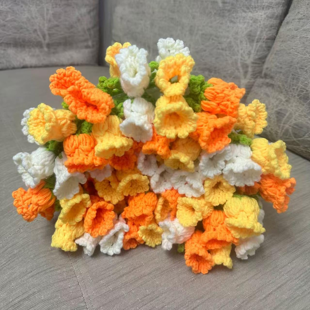 Handmade Crochet Flower Bouquet Blanket - 100% Acrylic Round Throw for Valentine's Day, Boho Home Decor (31"/43"/63", Rose/Lily/Sunflower) (Lily of The Valley(Mixed Yellow), 43'')