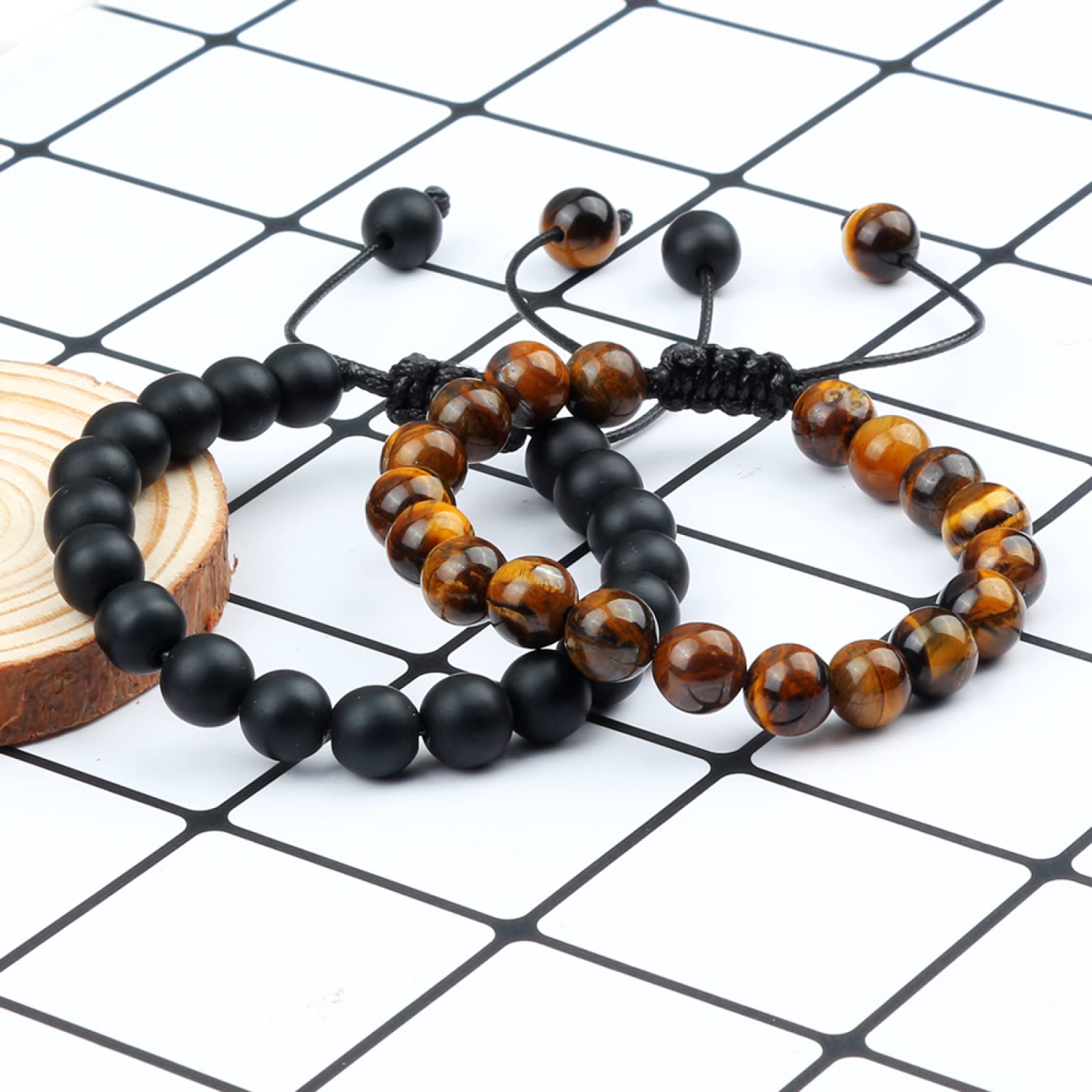 MOCHAMIK Distanzperlen Armband Natur Schwarz Weiß Lavastein Armreif Damen Herren Geschenk