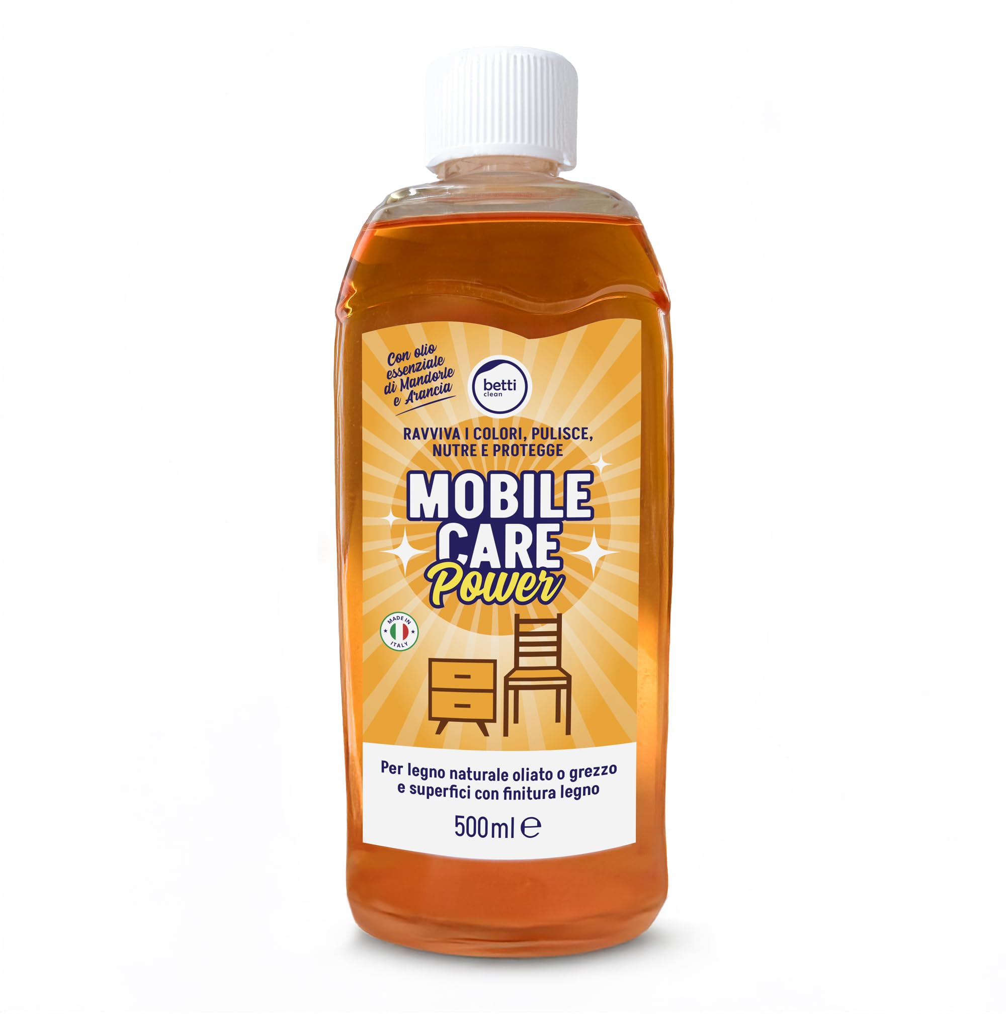 Betti Clean Mobile Care Power Olio per Legno e Mobili 500ml - Nutre, Ravviva e Protegge - Trattamento Naturale per Legno, Parquet e Superfici