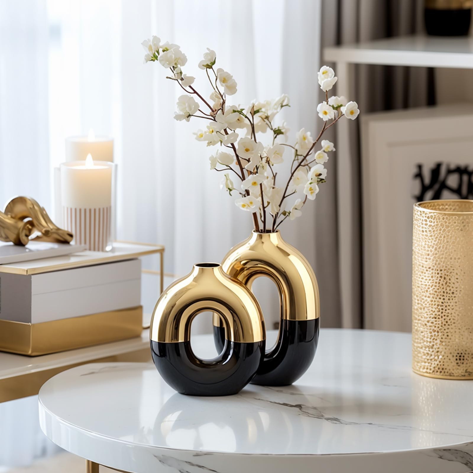 Keramikvasen-Set in Schwarz und Gold, runde Donut-Vase für Pampasgras für Regaldekoration, Zuhause, nordische Moderne ovale Vase für Bücherregal, Kaminsims, Tafelaufsätze, Bauernhaus, rustikale