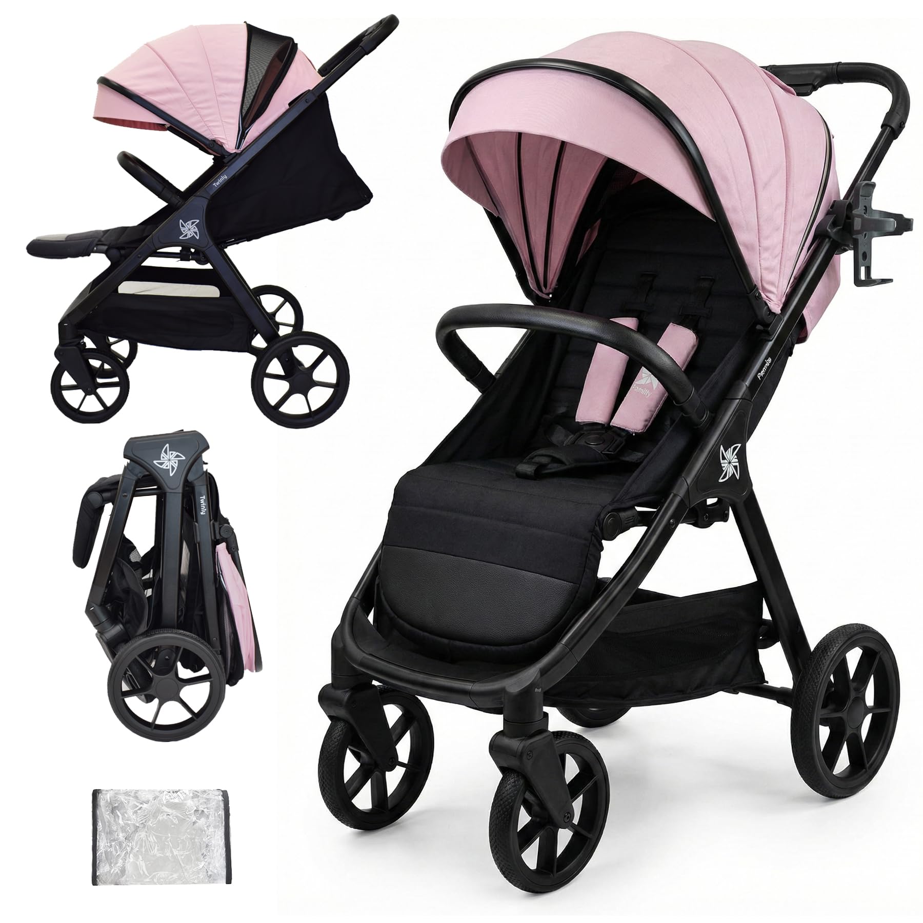 Twinly Spacely Buggy bis 25kg - Leichter Reisebuggy klein zusammenklappbar mit Liegefunktion | Kinderwagen All-Terrain, Große Räder, XXL Verdeck, Sportwagen inkl. Regenverdeck & Becherhalter (Rosa)