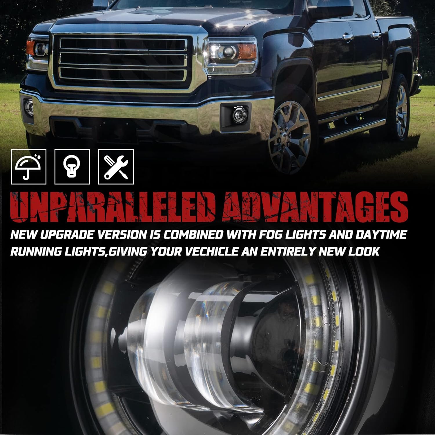 BUNKER INDUST LED Fog Light with Daytime Running Lights for 2014-2015 GMC Sierra 1500, OEM Bumper Driving DRL Fog Lamp Assembly Kit