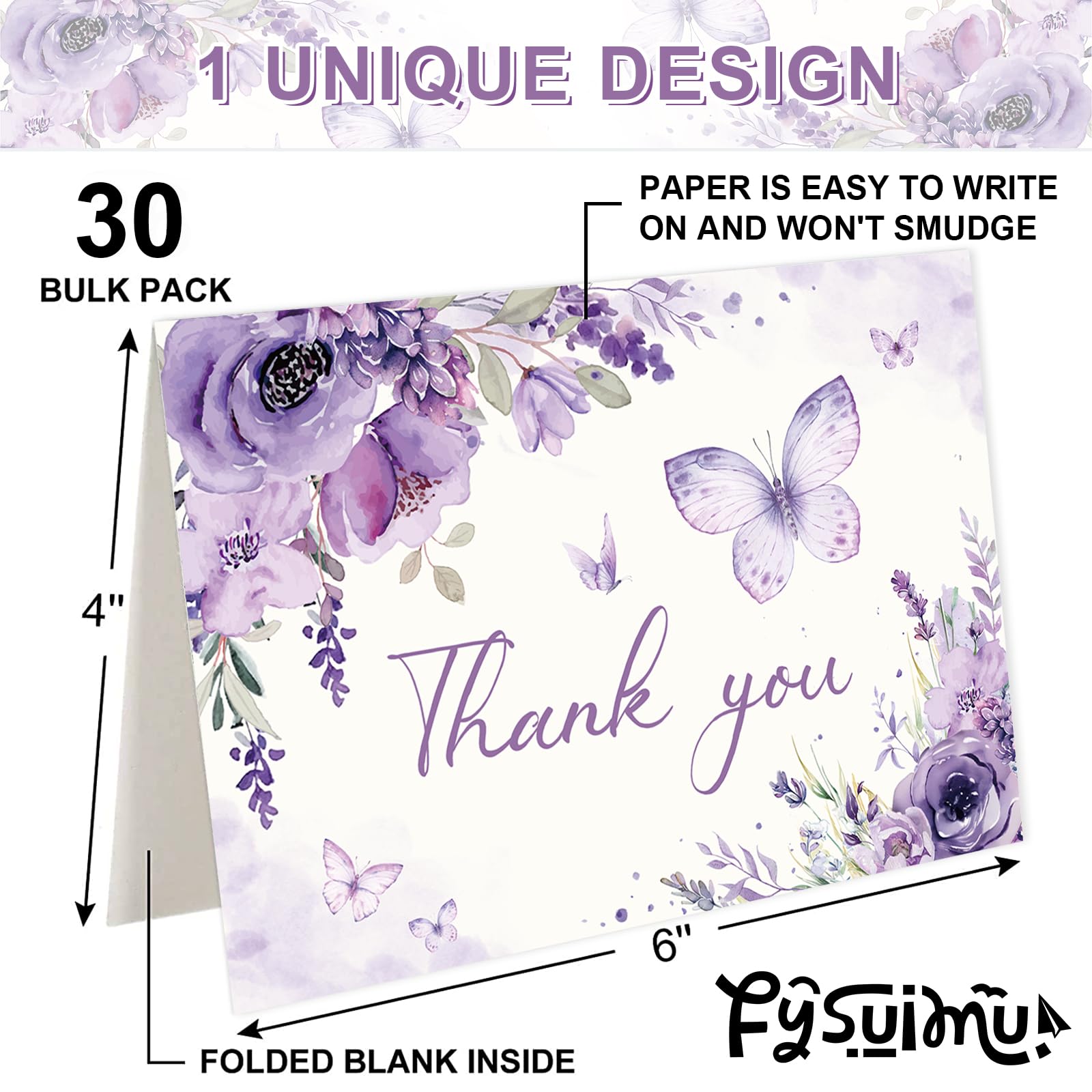 FYSUIMU Paquete de 30 tarjetas de agradecimiento florales moradas, acuarela, lavanda, mariposa, tarjetas de felicitación con sobres, calcomanías en blanco, tarjetas de notas en blanco para cumpleaños