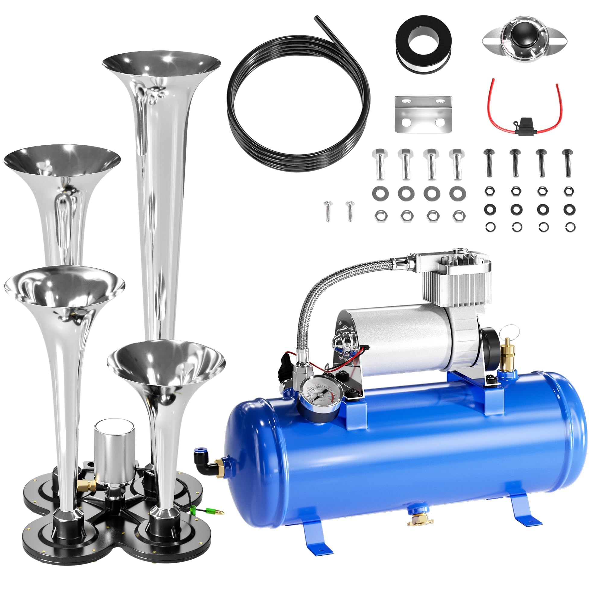 150DB 4 Horns Train Horn Kit,150PSI 12V Air Compressors with Tank, Super Loud Air Horn Kit with 1.6Gallon Air Tank, Train Horn for Truck Jeep SUV Car(1.6Gal Blue)