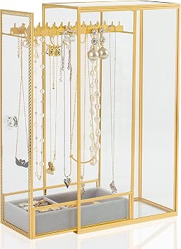 Glass Necklace Organizer Holder, Jewelry Organizer Necklace Holder with Hanging Hooks, Glass Necklaces Display Case for Storage Rings Earrings
