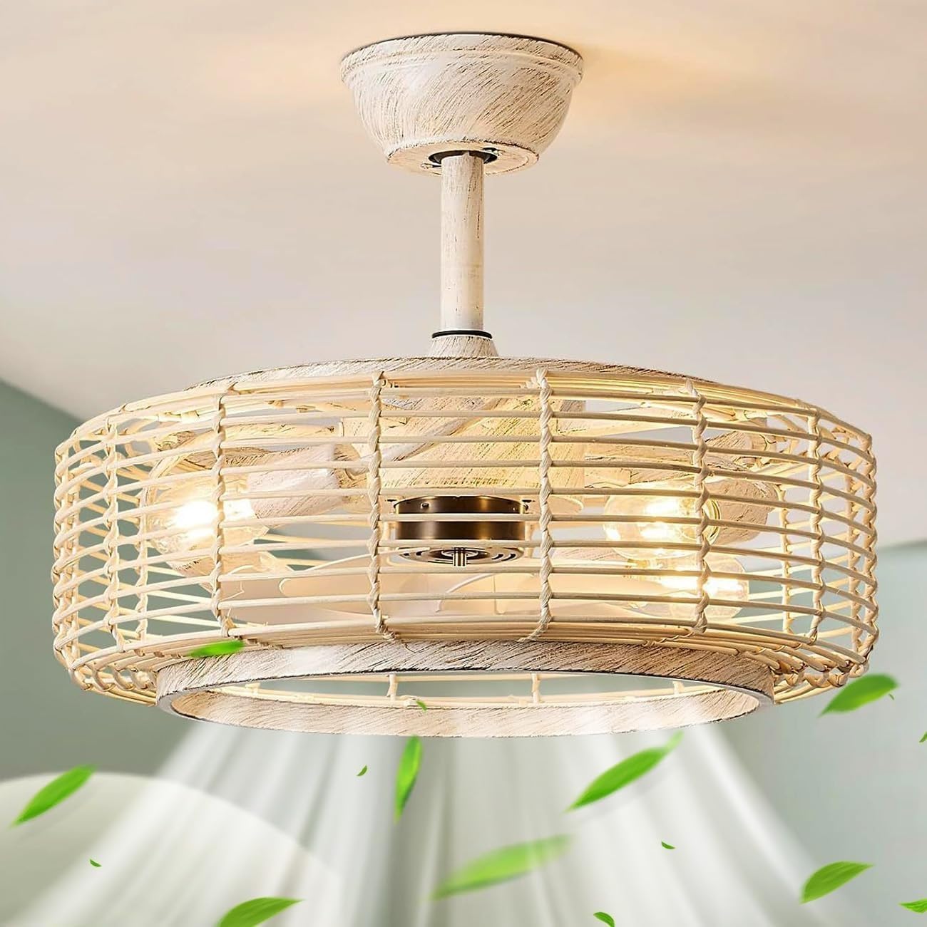 E27 Ceiling Fan, Bohemian Style Ceiling Fan Light, American Vintage Rattan and Bamboo Ceiling ...