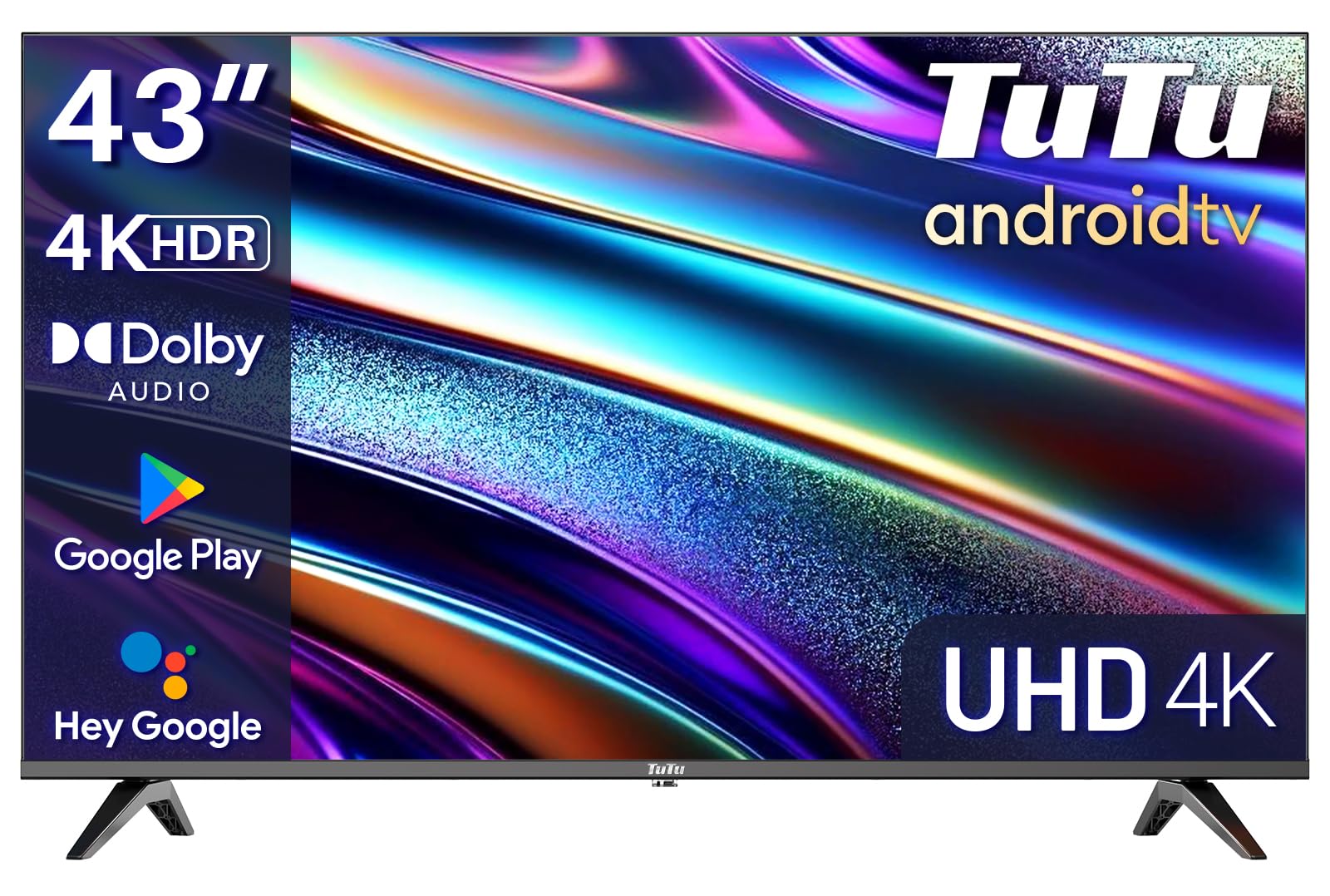TuTu Smart TV 43 Pouces (108 cm) 4K UHD WiFi Bluetooth LED Android Téléviseurs Con Youtube, Netflix, Prime Video, VEVO Disney+, Triple Tuner (DVB-C/S / S2 / T / T2) - TUS43UQ1A