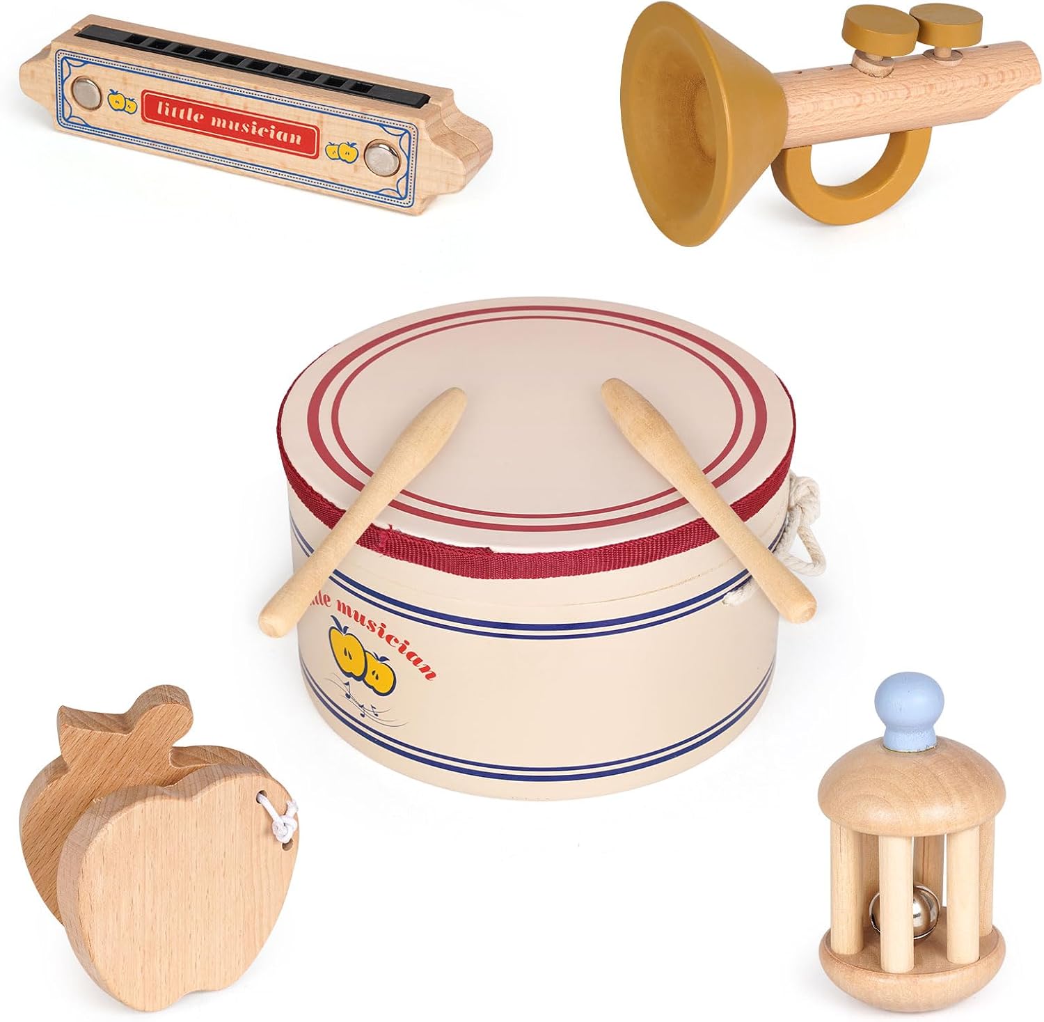 Toddler Musical Instruments Kids Drum Set Montessori Baby Musical Toys Wooden Percussion Instruments Baby Preschool Educational Birthday Gift Neutral Colors Drums can be stored