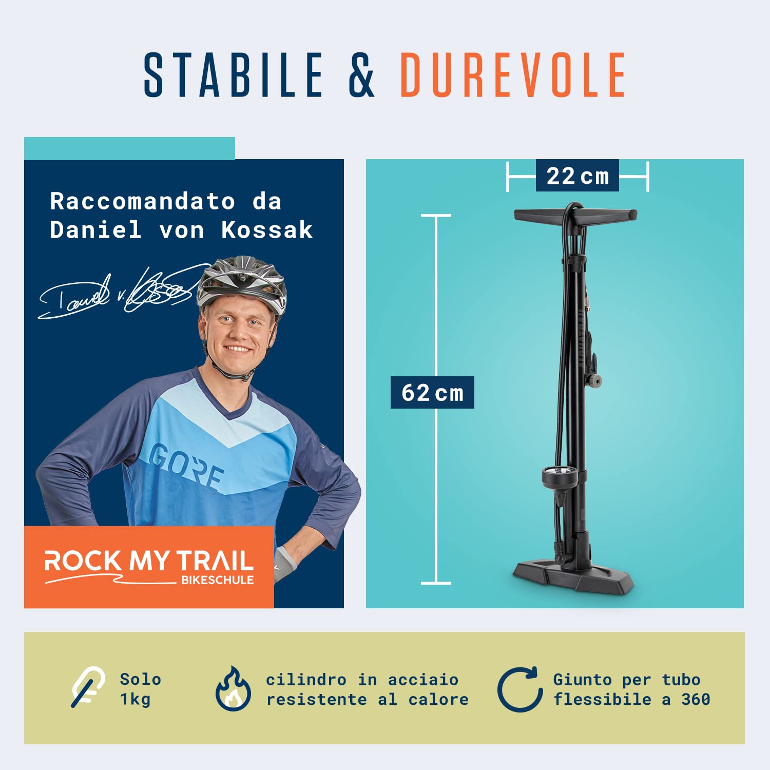 Alphatrail Pompa di pavimento Paul - Per tutte le valvole 11 Bar / 160 PSI pressione massima I manometro grande (Ø48mm) I Incl. adattatore I pompa bicicletta per la valvola presta, schrader & dv