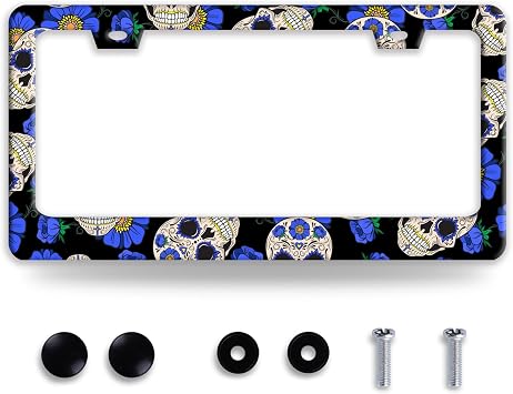 Sugar Skull Flowers License Plate Frame Stainless Steel License Holder | Colorful Car Accessories For Front and Rear License Plate 12.3x6.3 In With Holes Screws Fits Standard U.S. Vehicles Men Women