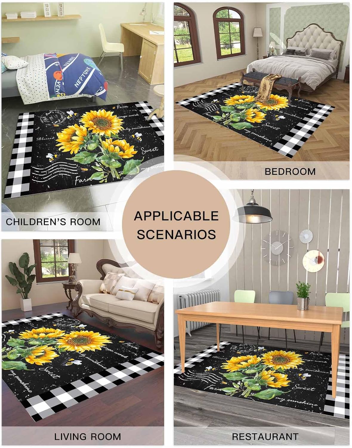 Area Rug Indoor Carpet Farm Yellow Sunflower Bumble Bee Watercolor Floral Home Decor Soft Rugs Collection Comfy Floor Mat Vintage Black Buffalo Plaid Accent Rugs for Bedroom Living Room Kids Room