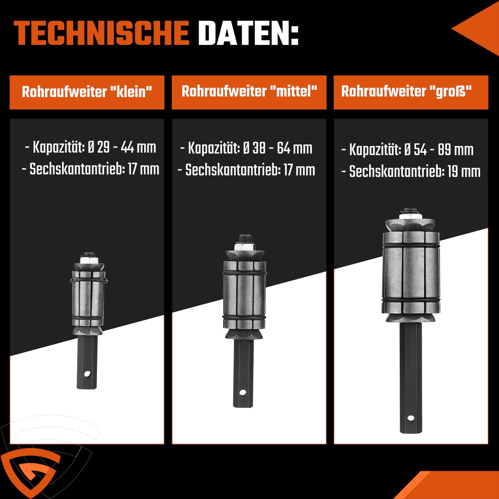 3 TLG. Rohrweiter Set 29-89 mm Auspuff Rohraufweiter Satz | Rohrexpander | Auspuffrohrformer | Rohrspreizer | Kfz Werkzeug für Auspuffanlagen | für Auto KFZ PKW