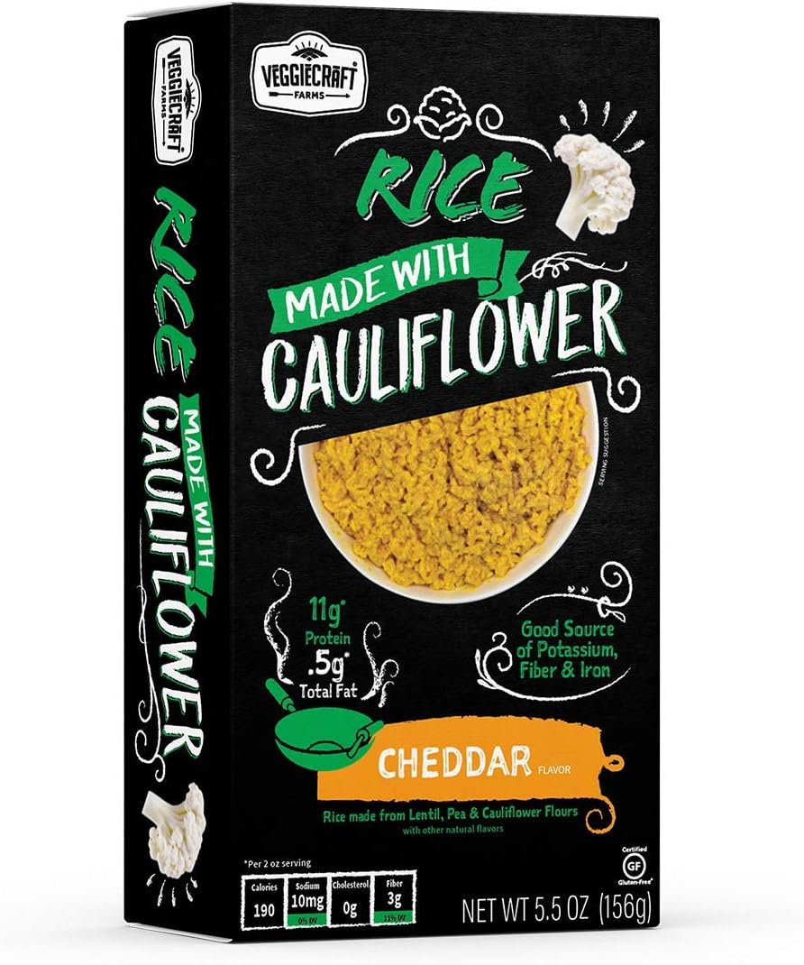 Veggiecraft Farms Cauliflower Simple Ingredient Cheddar Rice | Vegan, Gluten-Free, Non-GMO | Healthy Plant Based Nutrition | Source of Potassium, Fiber, Iron | 14g Protein | 6 Pack