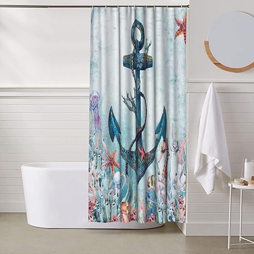 Miniatura 6 de Jamie world Cortina de ducha costera oceánica, cortinas de tela de anclaje náutico, forro de poliéster, impermeable, decoración de paisaje de baño