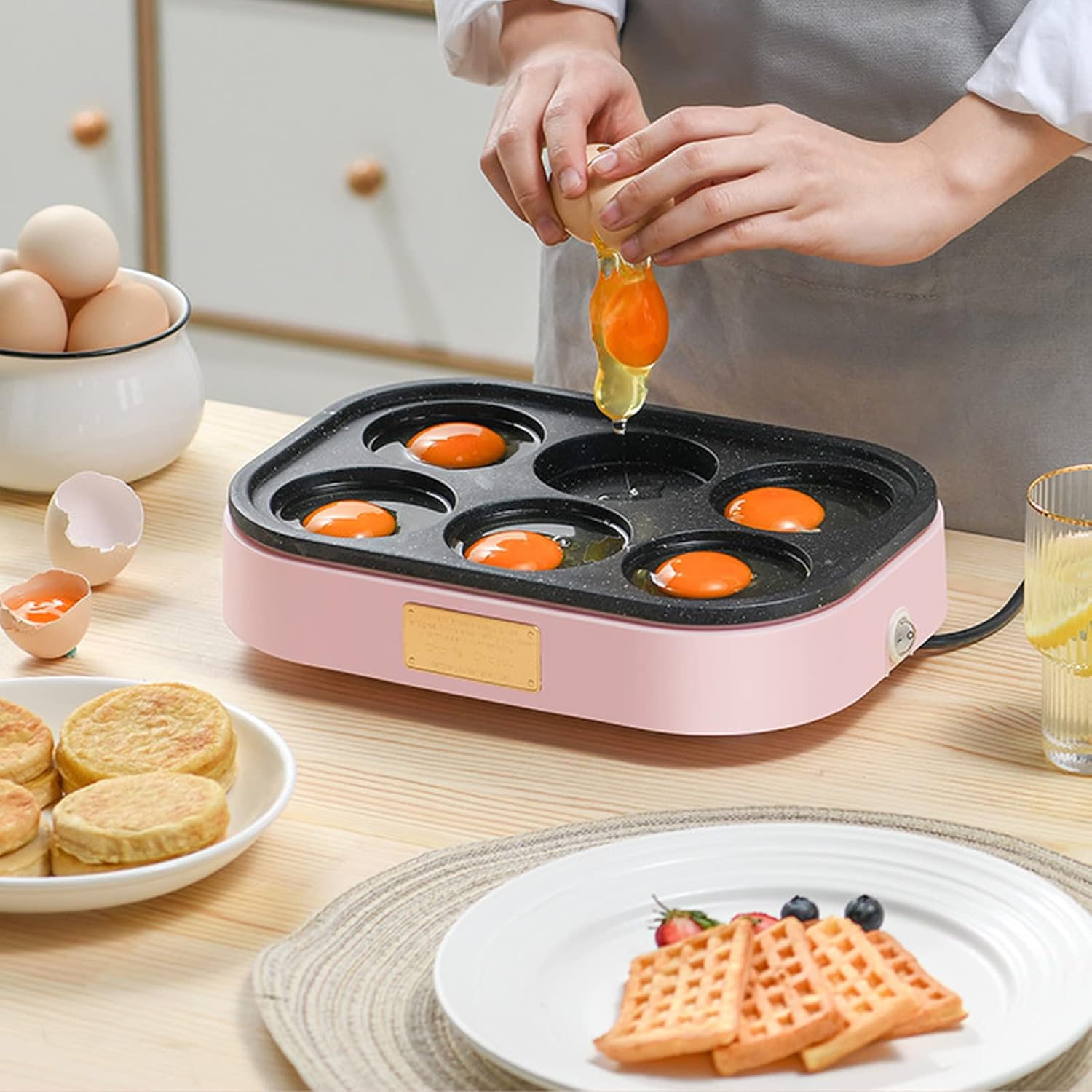 Electric Frying Pan for Omelette Egg Burger, 6 Mold Electric Skillet Grill, Nonstick and Heat Resistant, Fried Egg Pot, Multicooker for Hamburgers, Snacks, Quick Breakfast,Pink with Lid