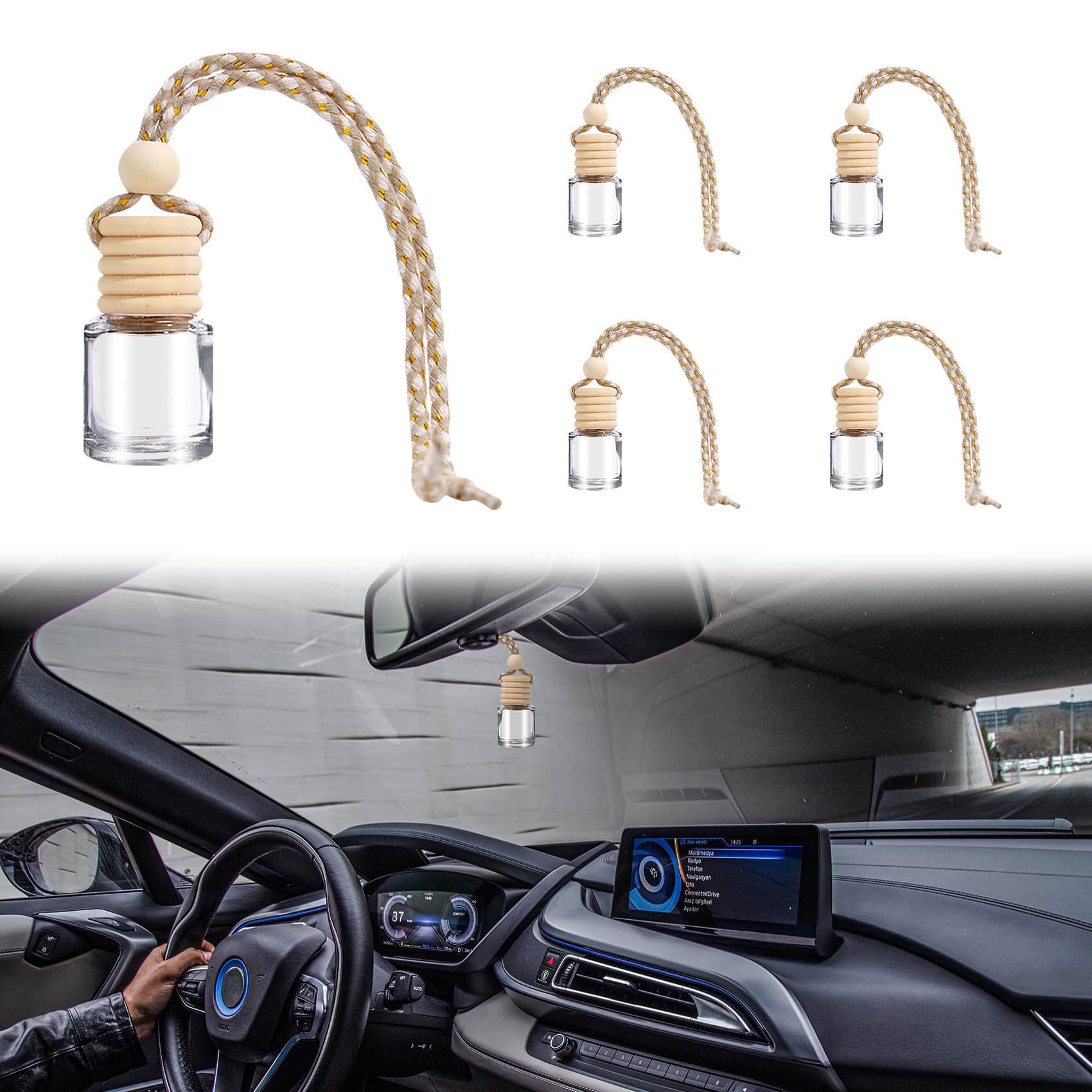 5PCS Hanging Car Air Freshener, Car Diffuser, Car Essential Oil Hanging Bottle Empty Glass, Car Interior Decorations Automobile Aromatherapy Diffuser Bottle Universal for Vehicle Home Office