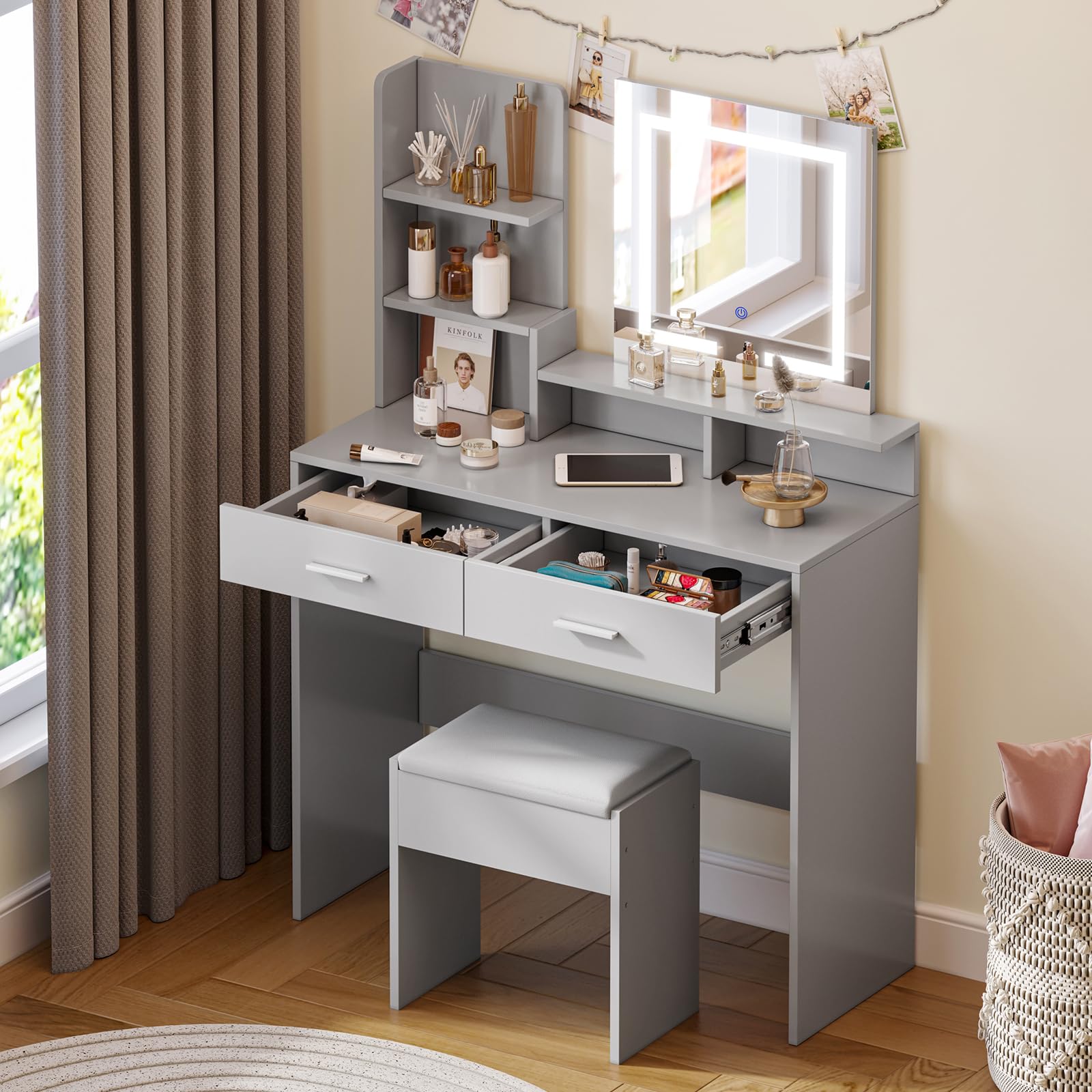 Tocador de maquillaje con espejo de luz LED regulable, tocador con 2 cajones grandes, tocador moderno con 5 áreas de almacenamiento abiertas para dormitorio, 90 x 35 x 130 cm, color gris