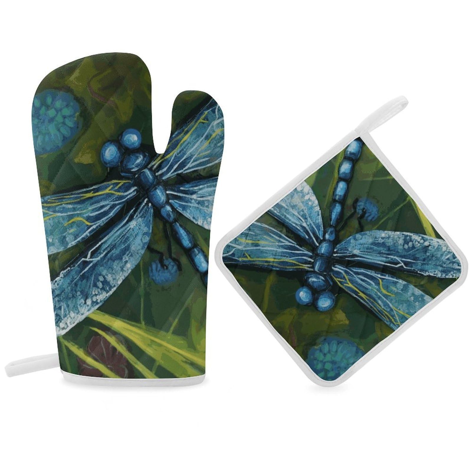 Hand Painted Blue Dragonfly Oven Mitt Thick Substantial Heat Insulation Gloves Soft Skin-Friendly Temperature Resistant Oven Mitts for Cooking Lover Cooks