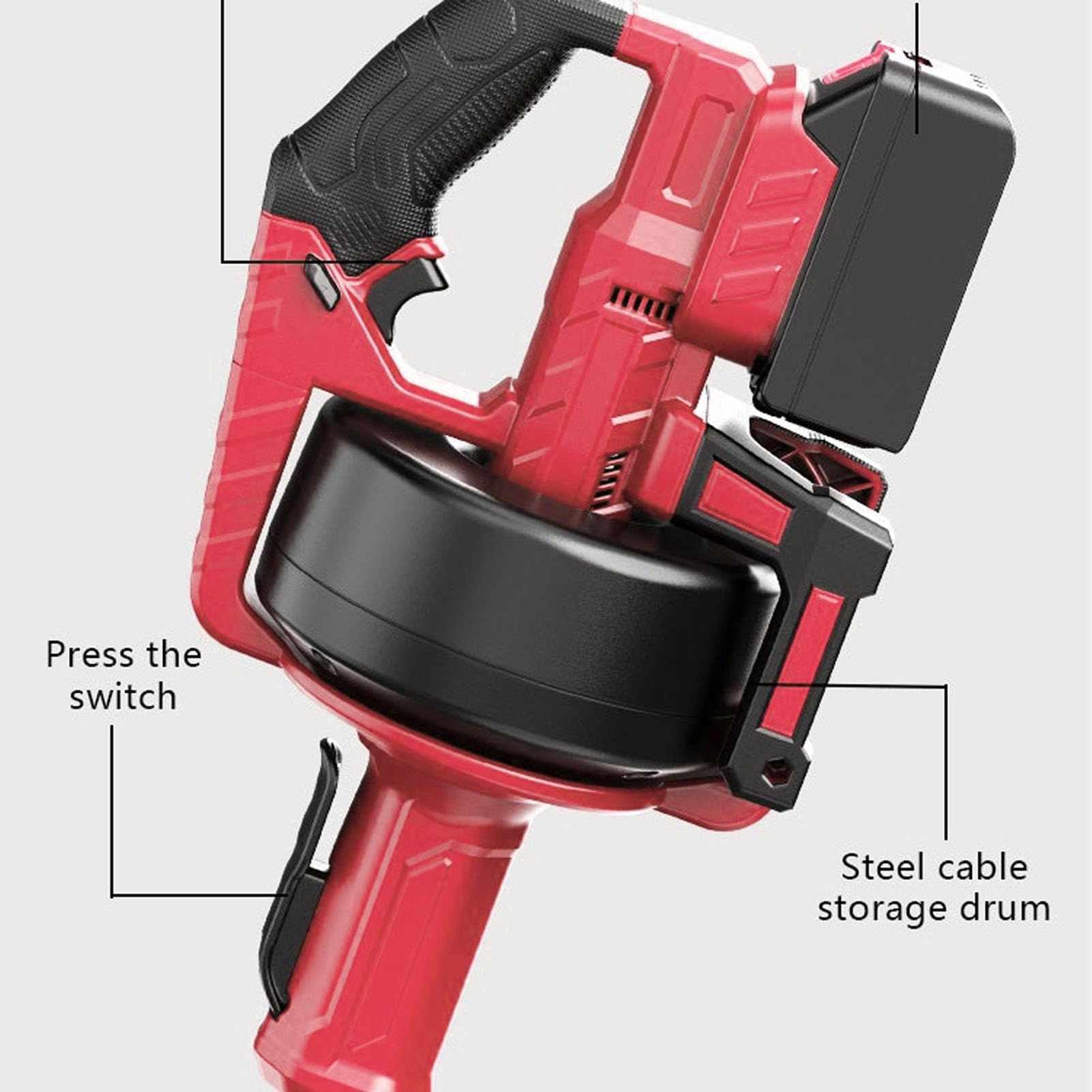 Greensen Desenredador Eléctrico para Tuberías 3/4"–2", Máquina de Desatascamiento con Batería de Litio, Herramienta de Fontanería para Drenaje y Limpieza de Cañerías, Rojo