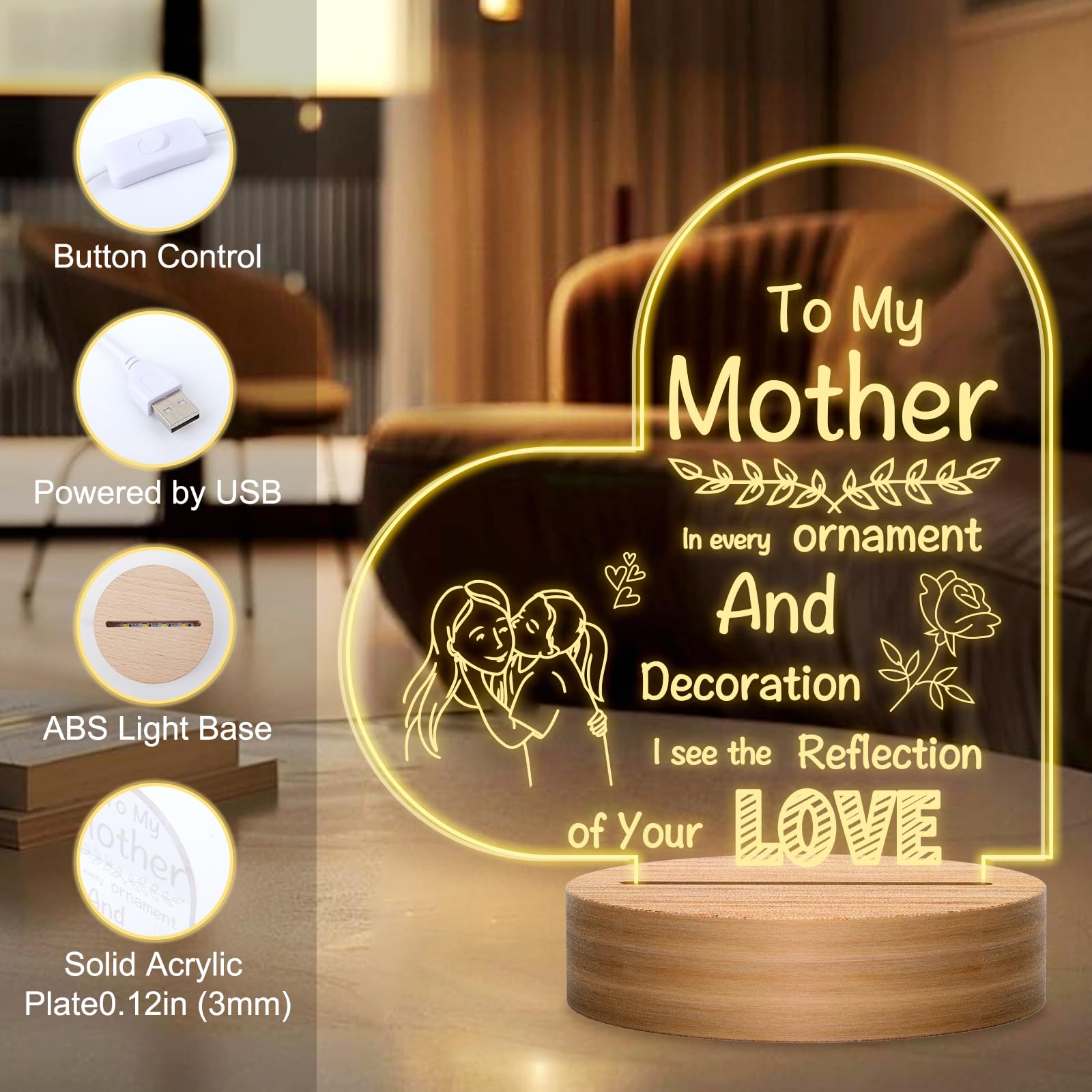 Lampada notturna con illusione 3D, regalo di compleanno per la mamma, con parole toccanti, regalo di compleanno per la mamma, regalo per la mamma da parte di figlia, figlio, idea regalo per mamma,