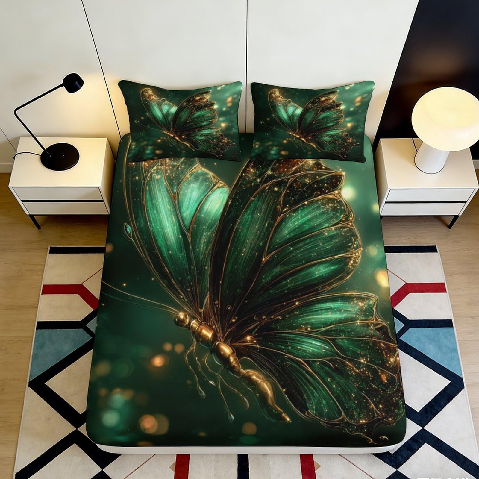 Jqzkxnhpbr Style-1 3D Printed Emerald Butterfly Fitted Sheet Microfiber Soft Anti-Slip Golden Sparkle Bed Cover For Bedroom Guestroom 90X200x25cm