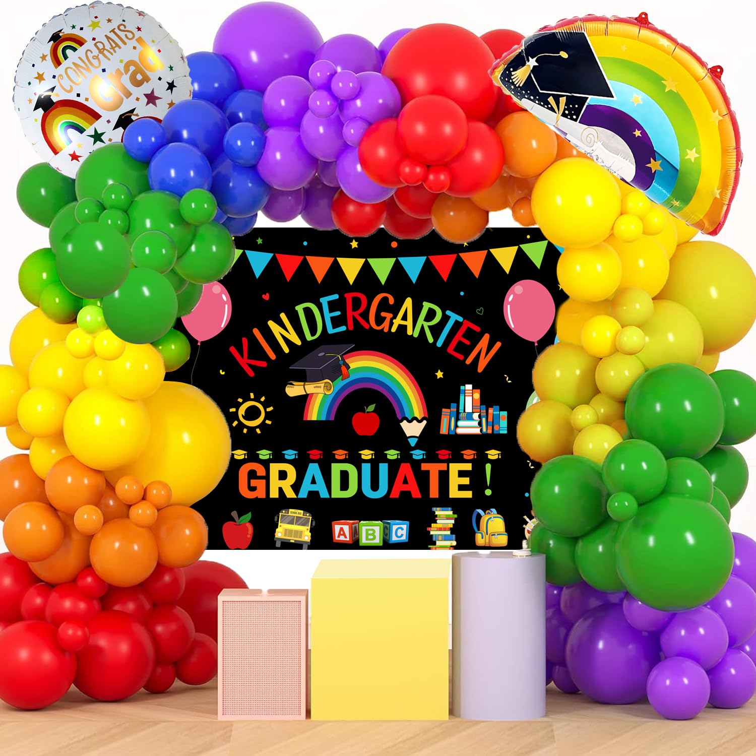 Kindergarten Graduation Decorations Kit 125 Pcs Kindergarten Graduation Balloons Arch and Backdrop for Kids Kindergarten Congrats Grad Party Supplies