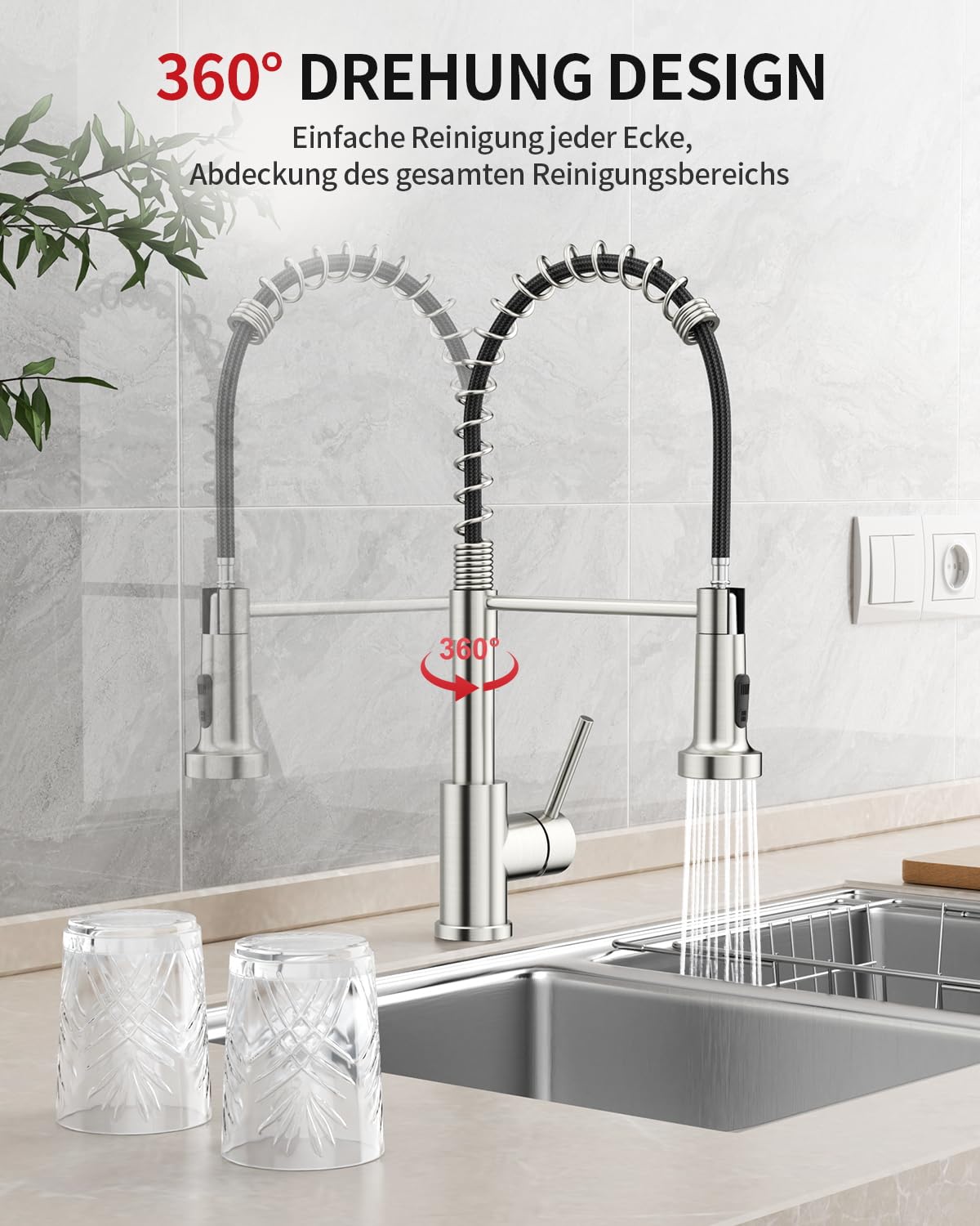Rainsworth Kran kuchenny ze stali nierdzewnej wyciągany – dwa rodzaje strumienia wody, wysokociśnieniowa armatura kuchenna z wylewką, wysuwana, armatura zlewozmywakowa obracana o 360°, nadaje się do