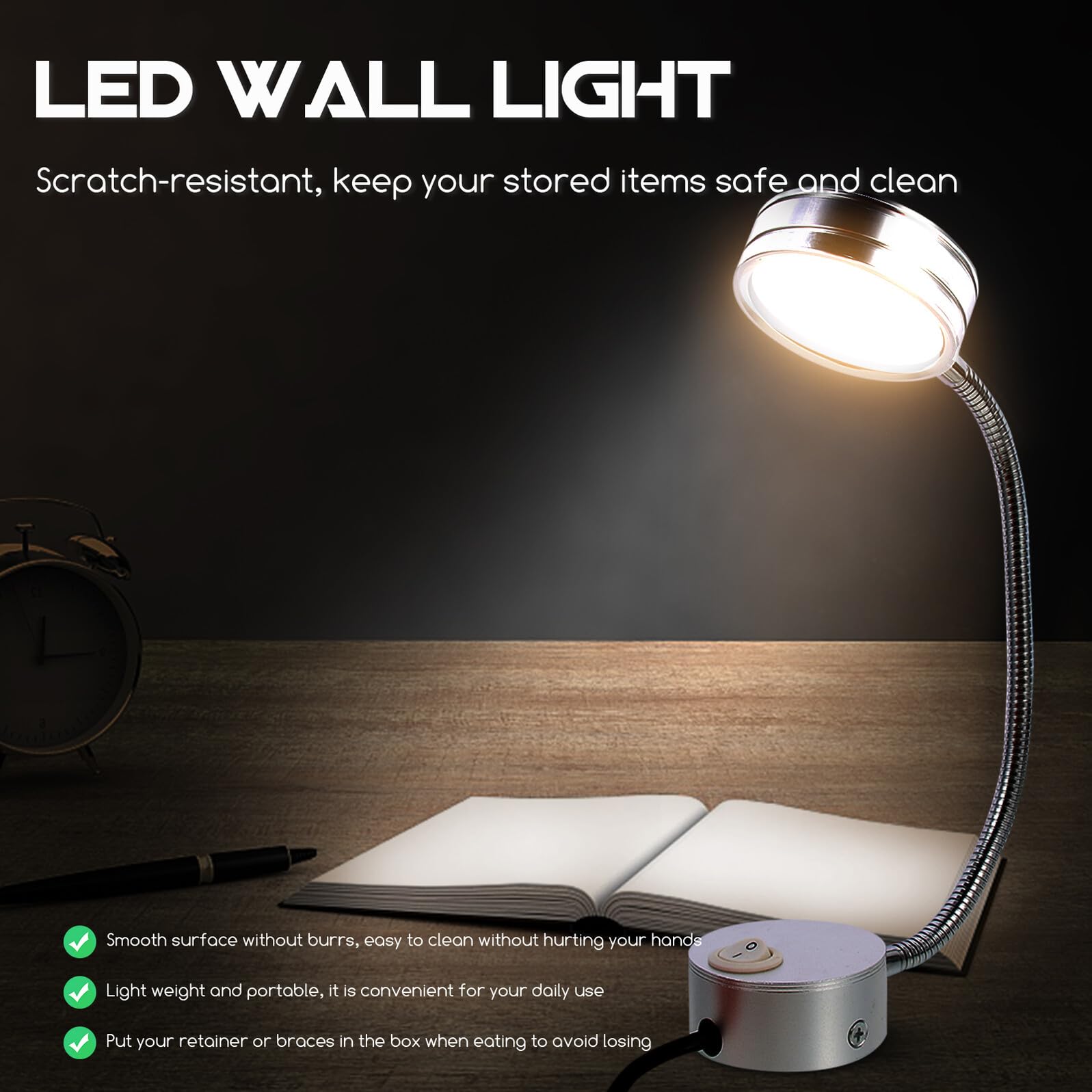 Lámpara de Lectura para Cama LED de Pared, Luz Decorativa de Aluminio Plata Cuello Cisne Flexible, Fácil de Usar para Dormitorio y Pasillo