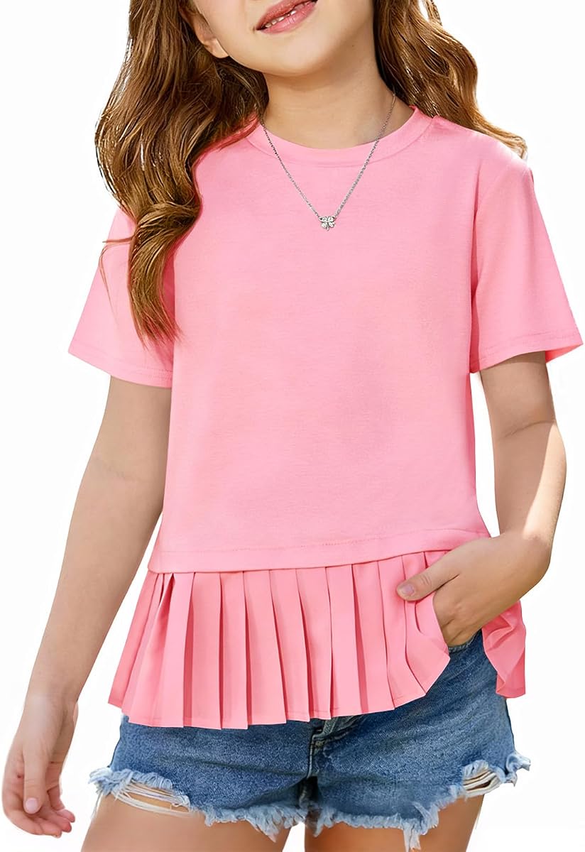 Haloumoning Girls Short Sleeve Shirts Kids Cute Pleated Hem T-Shirts Summer Fashion Tops Tees 5-14 Years