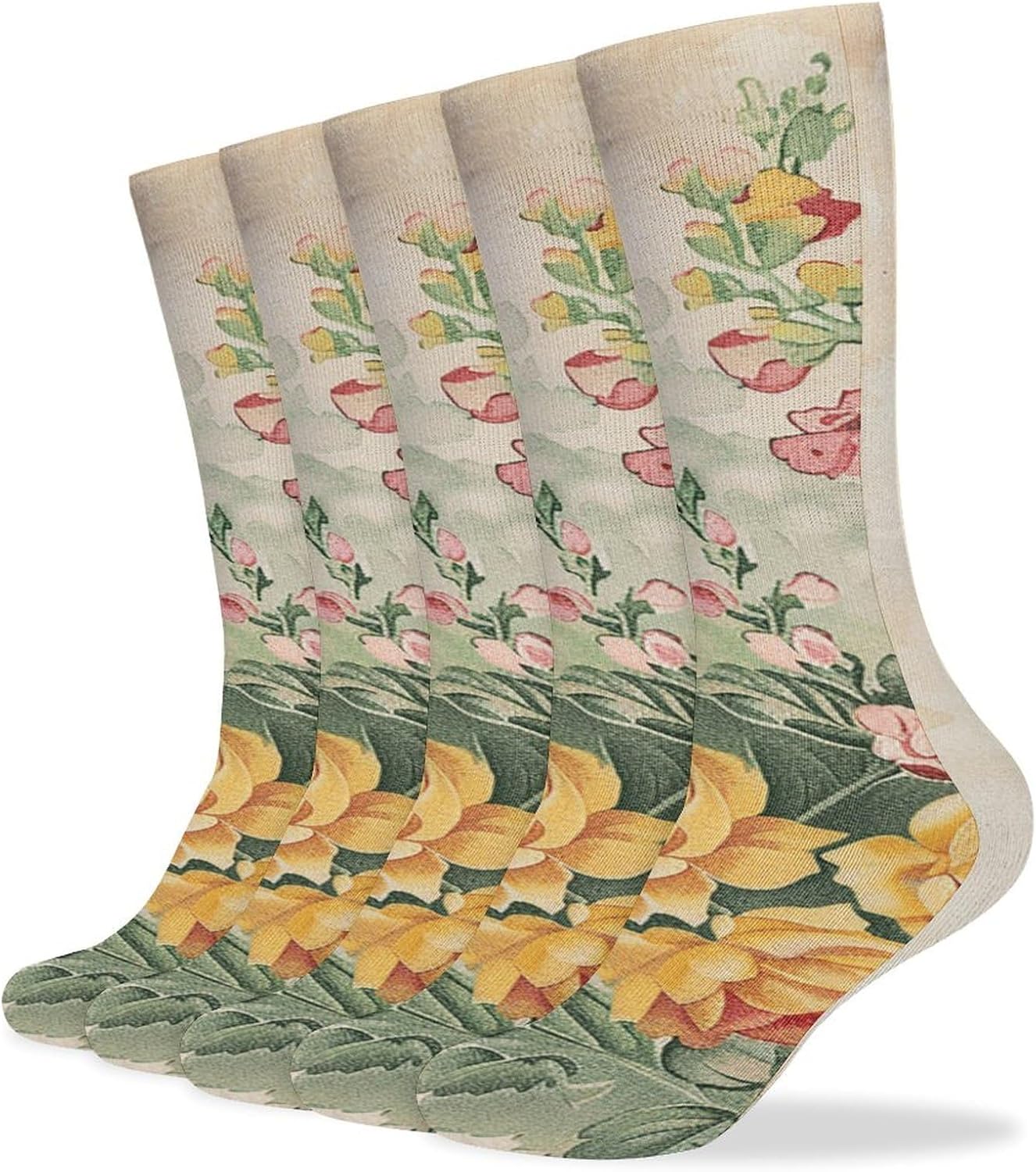 5 Pairs Knee High Socks Red Flowers Long Tube Boot Seamless Toe