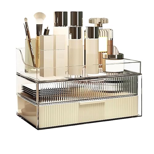 Miniatura 1 de DASITON Caja de almacenamiento de dos capas a prueba de polvo, soporte para brochas de maquillaje, caja de almacenamiento de escritorio de gran