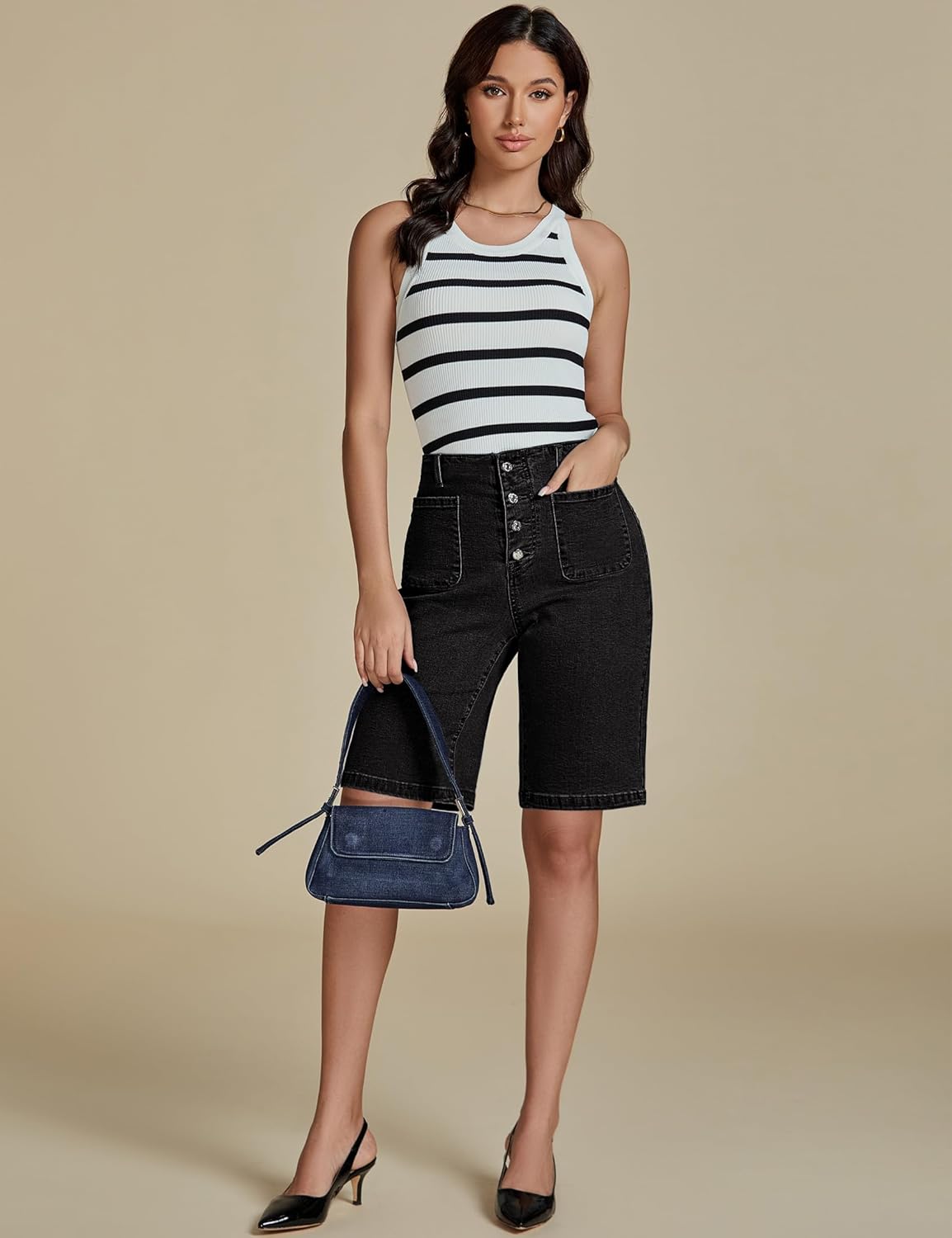 luvamia Bermuda Shorts for Women Jean High Waisted Trendy Patch Pockets Casual Summer Button Fly Stretchy Denim Shorts - Image 7