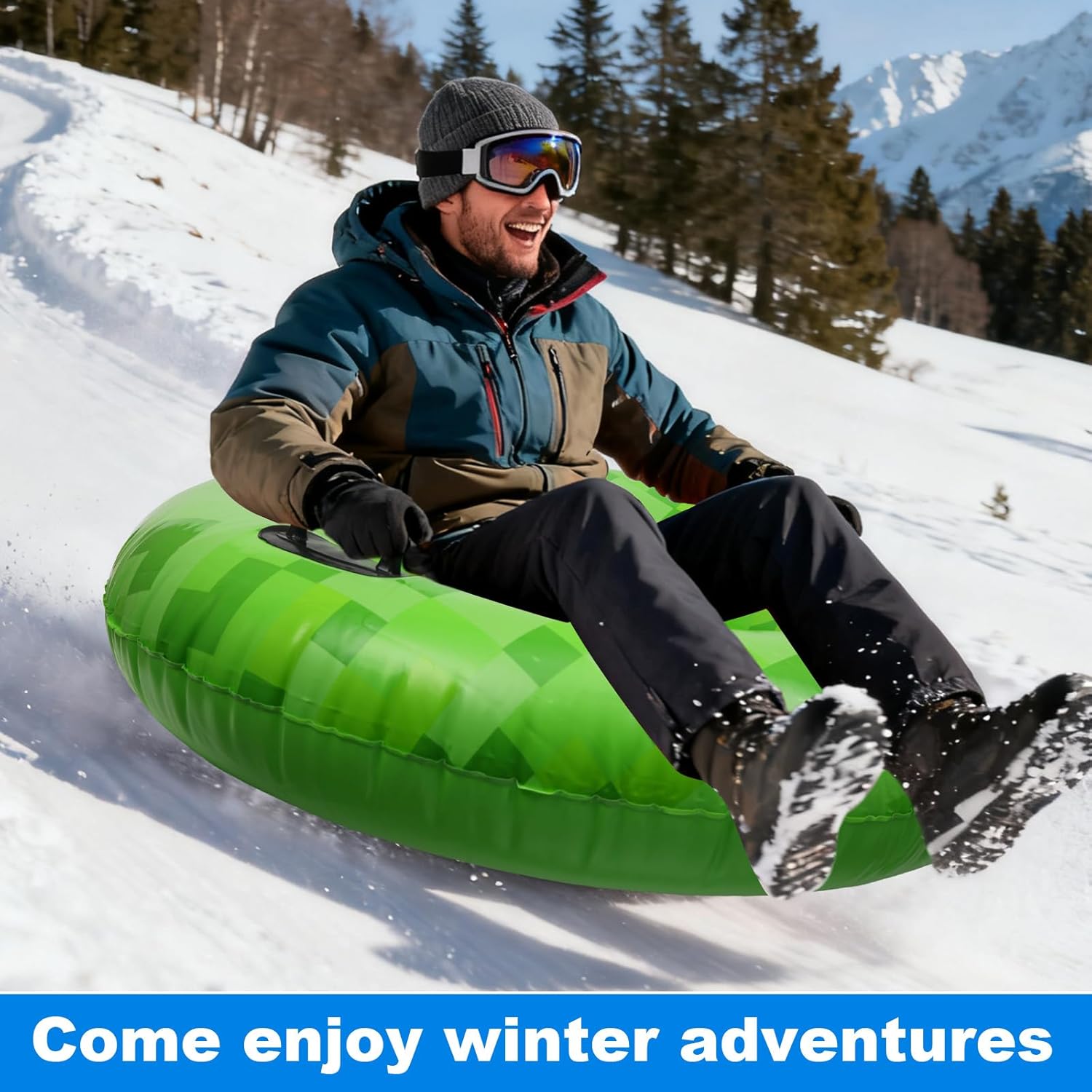 Pixel Snow Tube, 40 Inch PVC Pixel Inflatable Snow Sled for Kids and Adults Video Game Theme Cold-Resistant Toy with Raised Handles Outdoor Winter Sledding Supplies