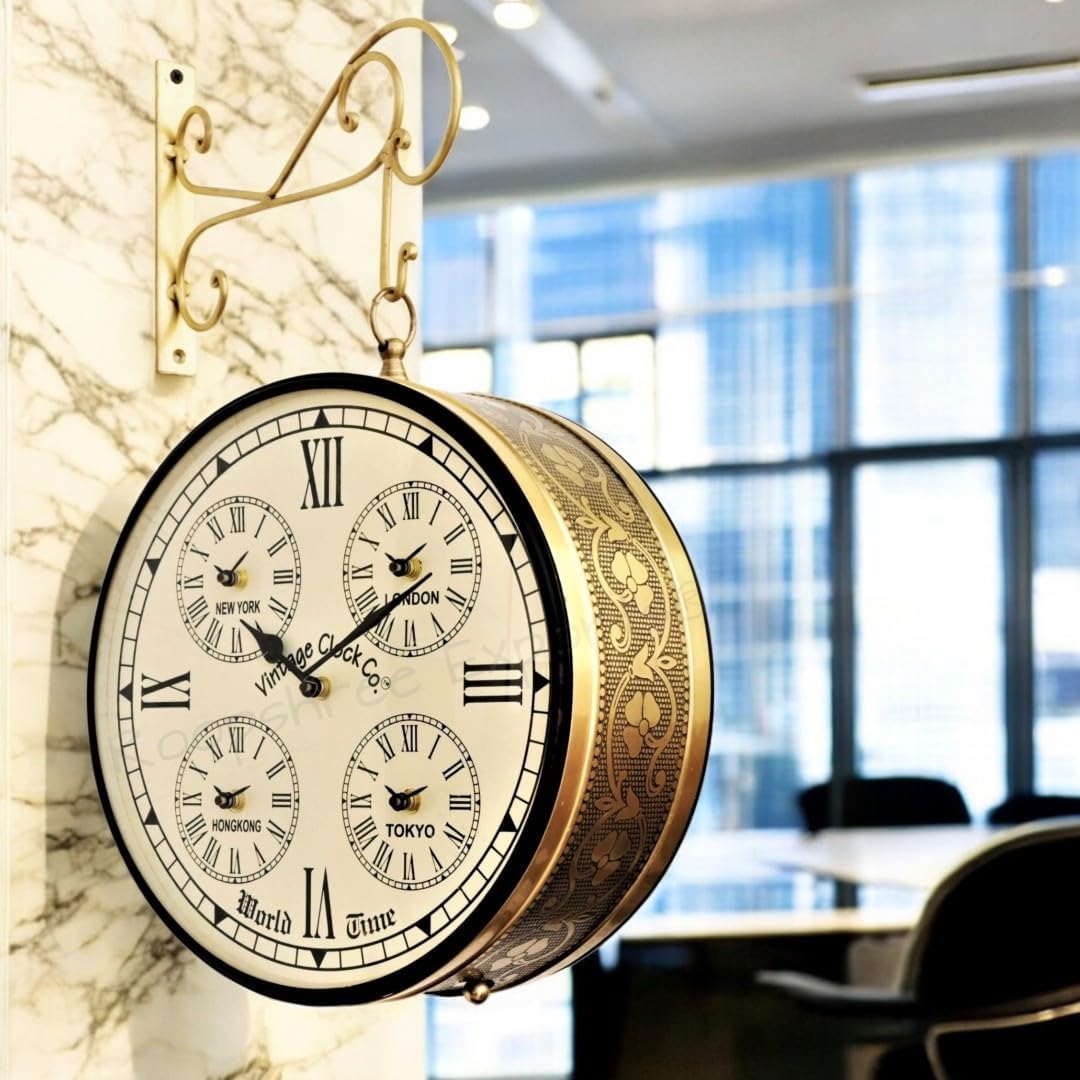 Vintage Clock Analog Handcrafted Double Side Clock with World Time/Railway (Station) Clock/Brass Finish / 12 Inches Size/VC-6509-12-WCH