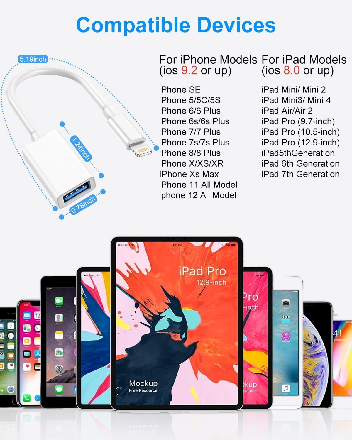 Adapter Lightning do USB,adapter iPhone do USB OTG [certyfikat MFi] Adapter USB Lightning do iPhone'a 14,13,12,X, iPada, adapter USB do iPada obsługa synchronizacji danych, czytnik kart pamięci, mysz