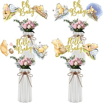 MEMOVAN Classic The Pooh Centerpieces Winnie Centerpieces Sticks Oh Baby Winnie Table Toppers Bear Party Decorations for Winnie Birthday Baby Shower Party Baby Shower Table Decorations-16pcs