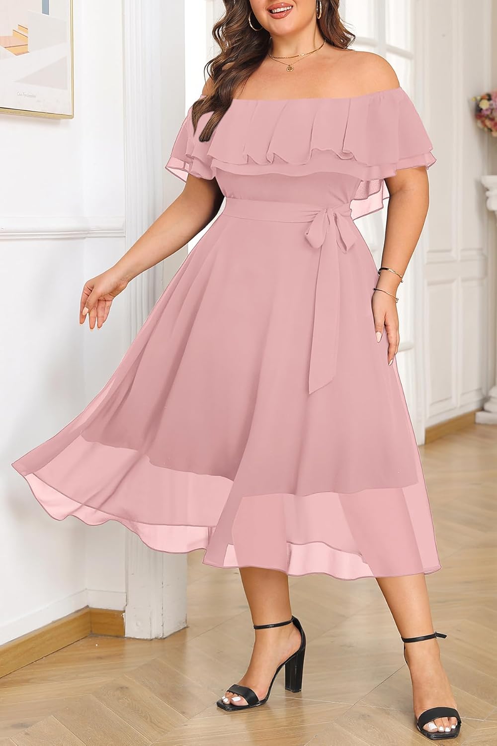Plus Size Dresses Wedding Guest - Formal Ruffle Off The Shoulder Cocktail Chiffon A-Line Midi Dress Curvy Women