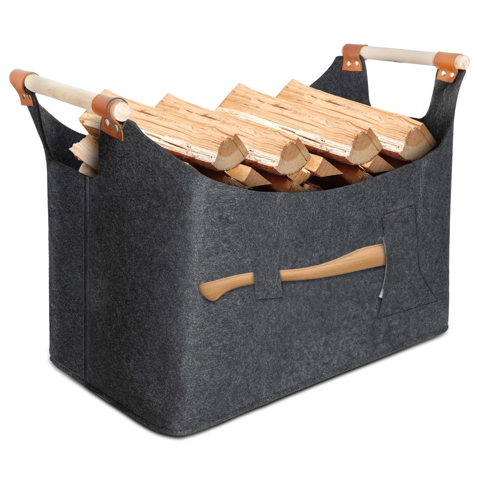 2025 Nuevo Canasta De Leña 55 x 40 x 32 cm 70L, El hacha se puede colocar, Cestas De Fieltro Súper Gruesas Y Manijas De Madera Maciza, Cesto Leña, Fieltro De Bolsa De Leña Plegable