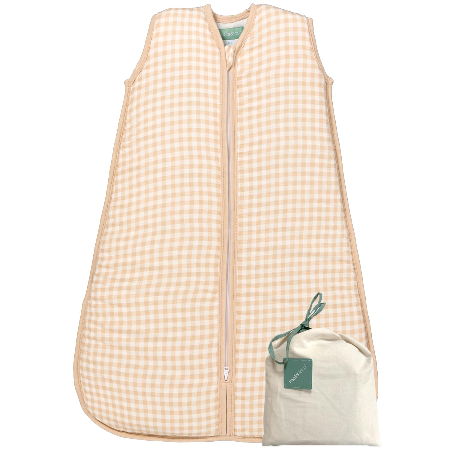 molis&co - Baby Schlafsack ärmellos - Ideal für Frühling und Herbst - Babyschlafsack 1 tog ohne Ärmel - Leicht gepolstert - Babyschlafsack Neugeborene - Premium Bambu Musselin - Vichy Sand (70 cm)