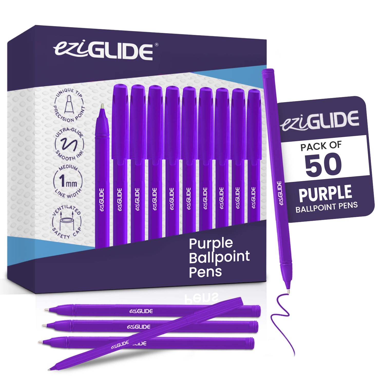 Eziglide 10-Pack Ballpoint Purple Pen Set - Medium Point 1.0mm for Effortless Writing & Comfortable Grip - Ball Point Pens Ideal for School, Exams, Home or Work Stationery Supplies — view 17