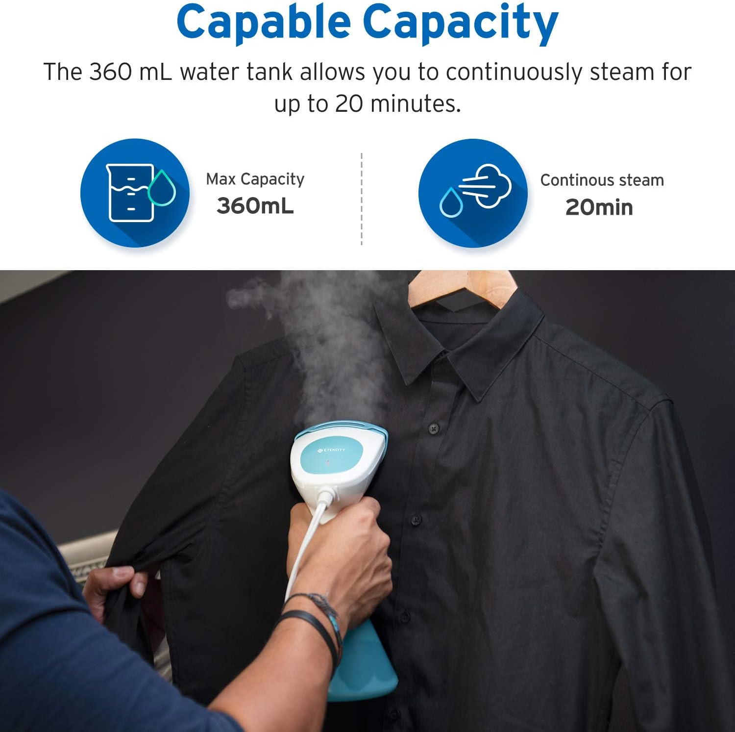 Infographic showing the Etekcity Garment Steamer's maximum capacity of 360ml and continuous steam time of 20 minutes.