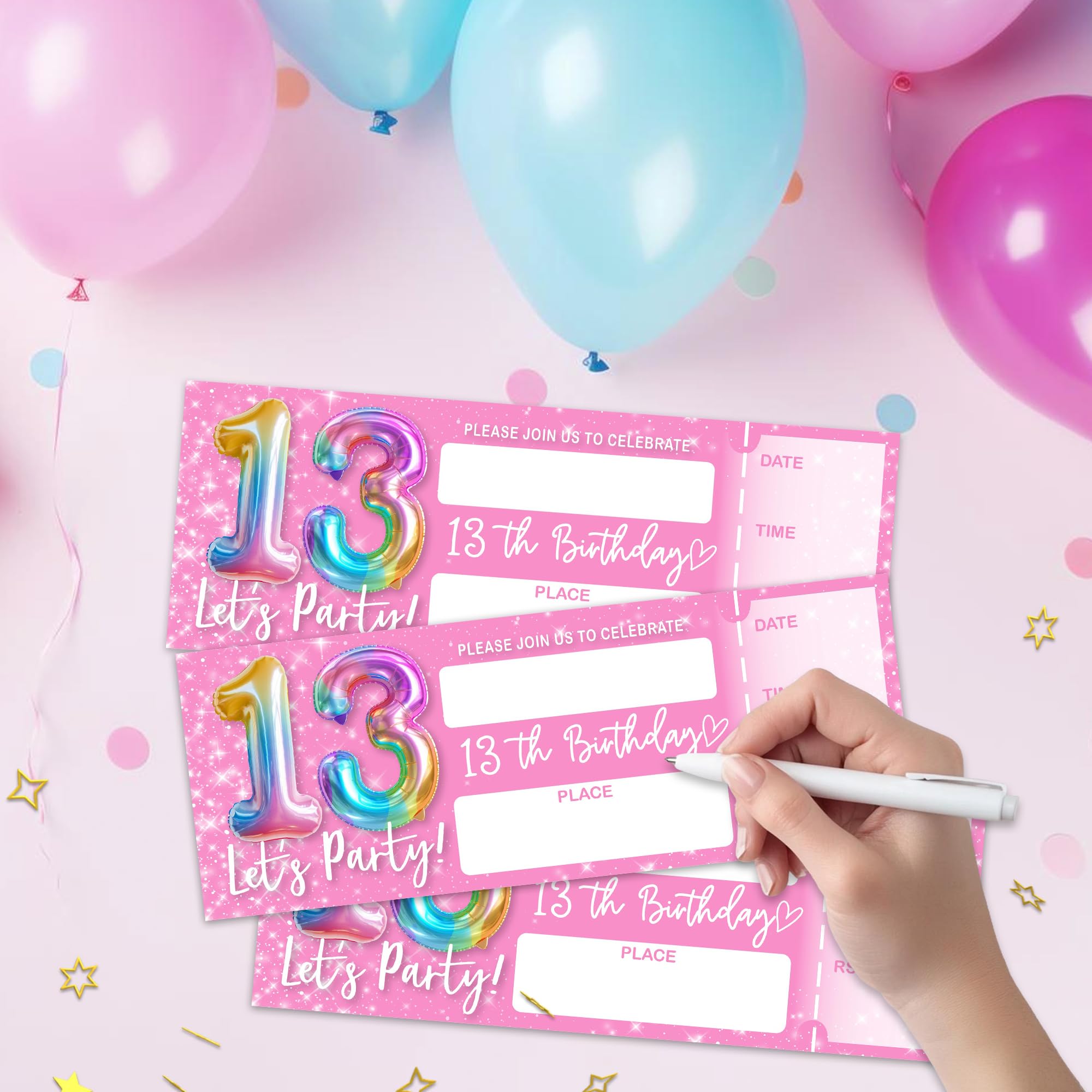 Eronm Invitaciones rosas de cumpleaños número 13, invitaciones de cumpleaños de boletos de 3 x 8 pulgadas, 20 tarjetas de invitación de doble cara con sobres, recuerdos de fiesta y suministros, globo