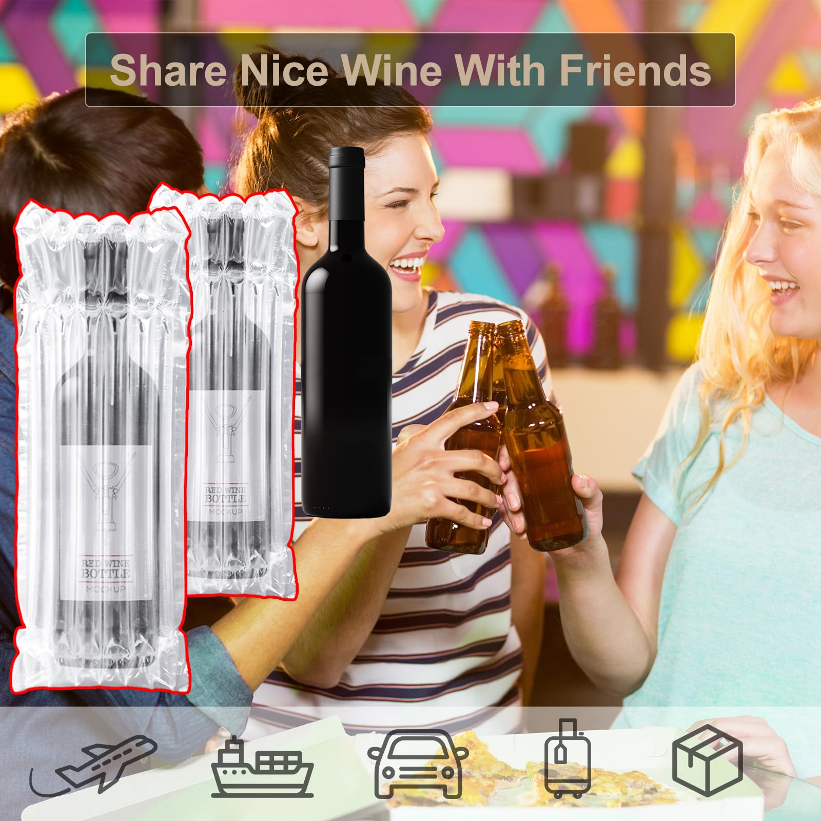 JarThenaAMCS 6 juegos de bolsas protectoras de viaje para botellas de vino, inflables, columna de aire, burbujas, fundas de embalaje con caja corrugada y bomba para transporte de embalaje de vino